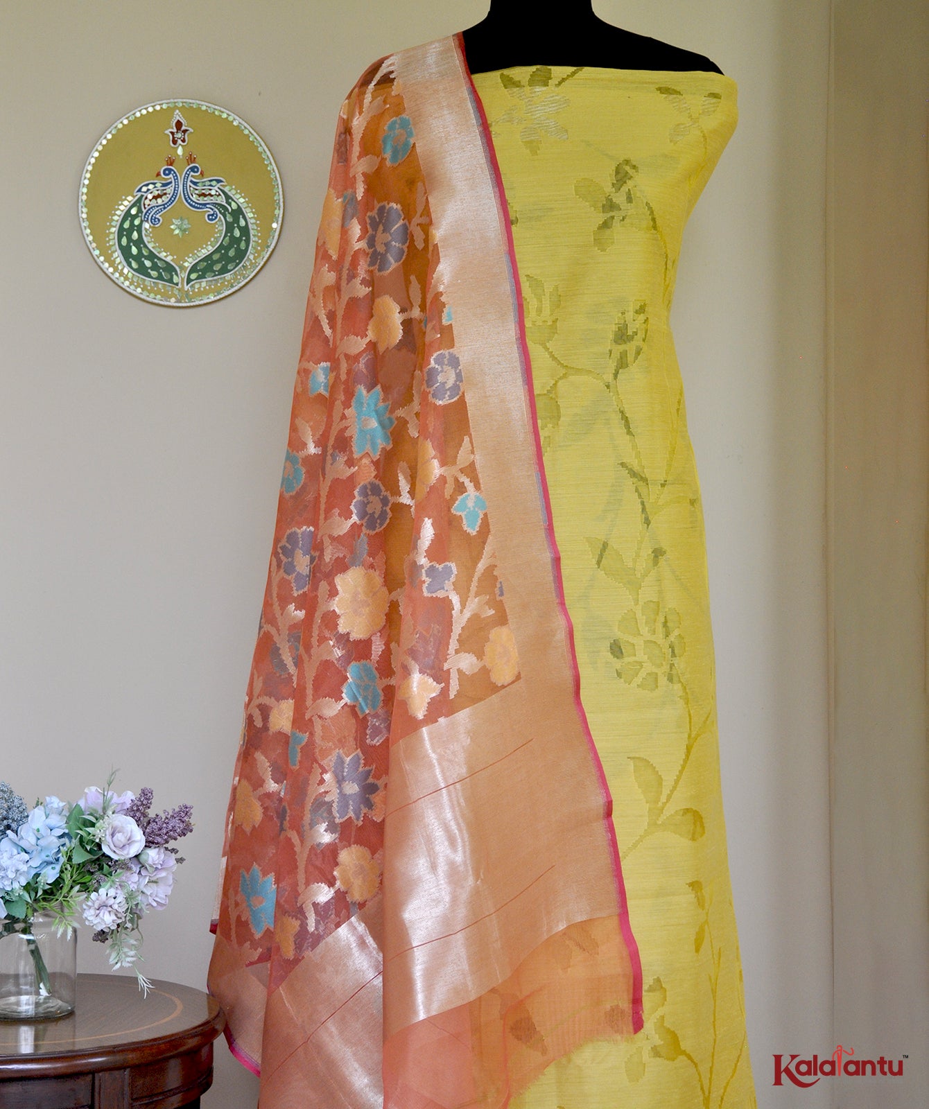Yellow Banarasi Dupion Silk Suit Set with Cutwork & Intricate Metallic Motifs