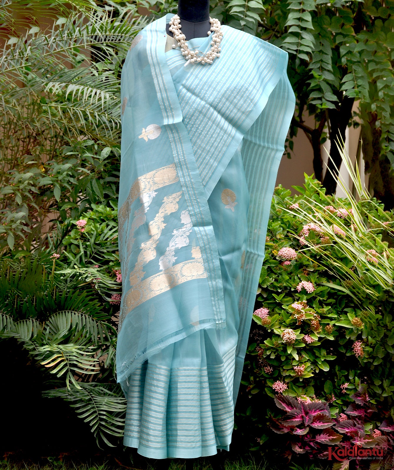 Handwoven Sky Blue Organza Saree with Rupa-Sona Zari Motifs