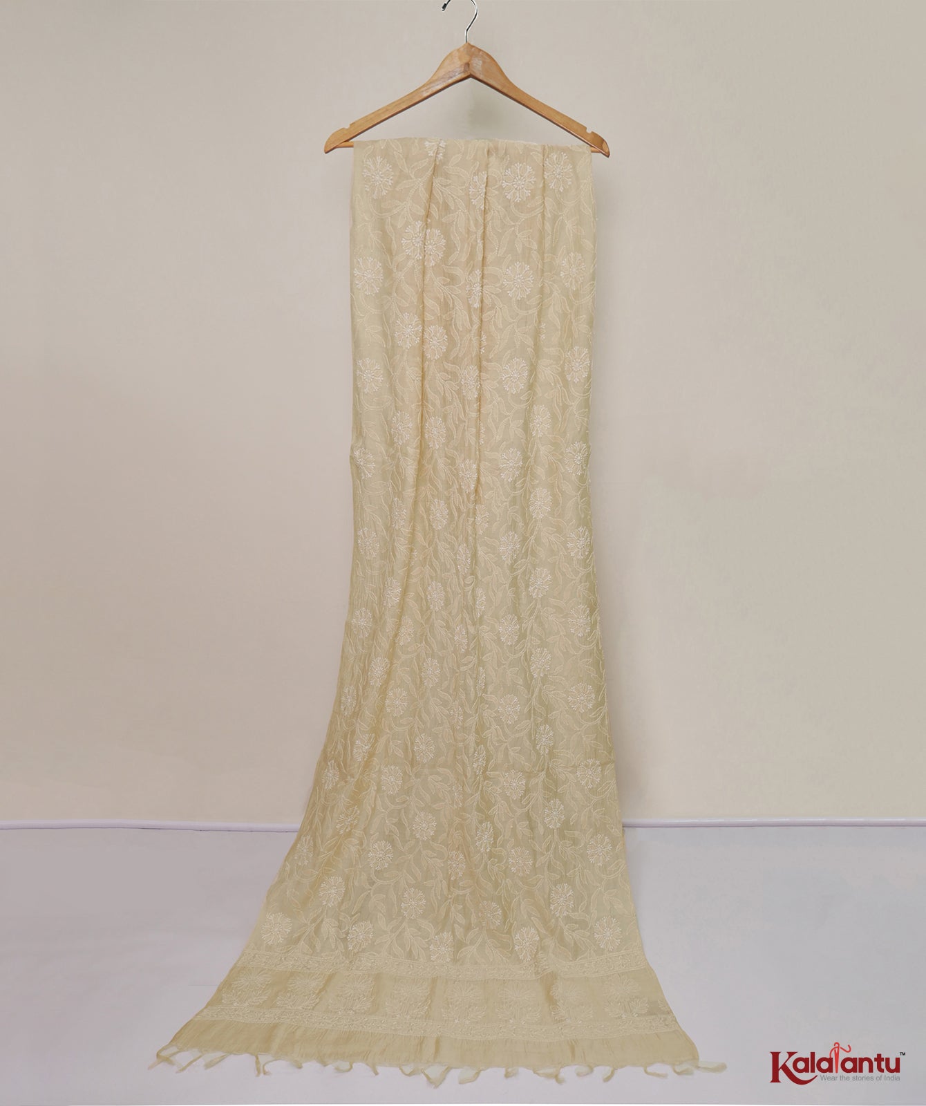 Beige Moonga Silk Chikankari Dupatta with floral jaal all over - 2