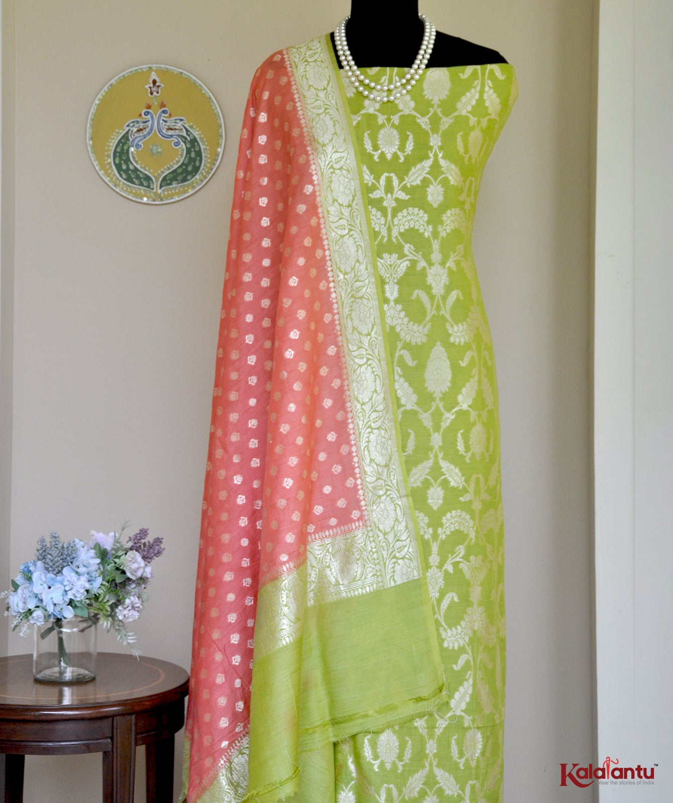 Lime Green Banarasi Moonga Silk Suit Set with Cutwork & Intricate Metallic Motifs