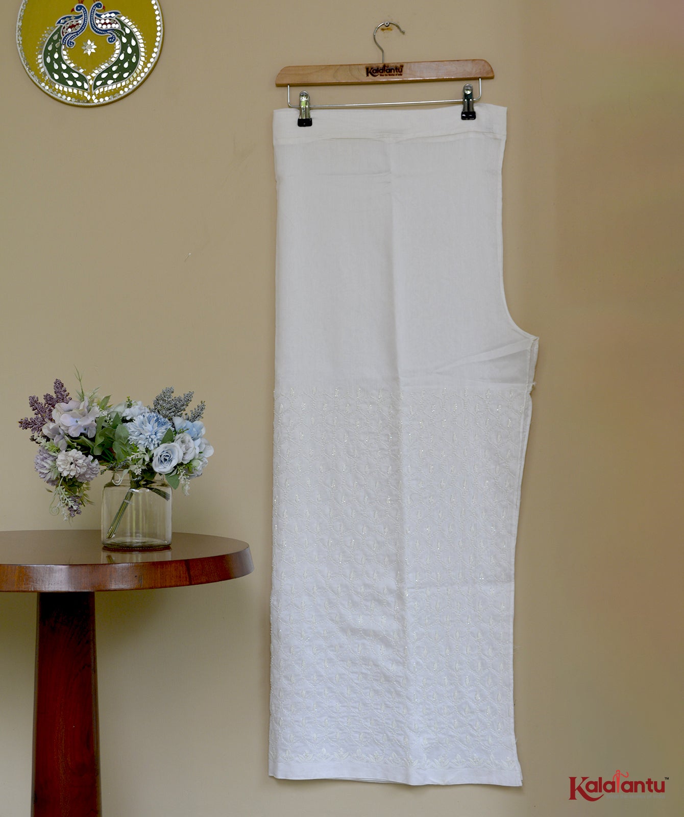 Off White Mul Chanderi Pants with geometric pattern all over