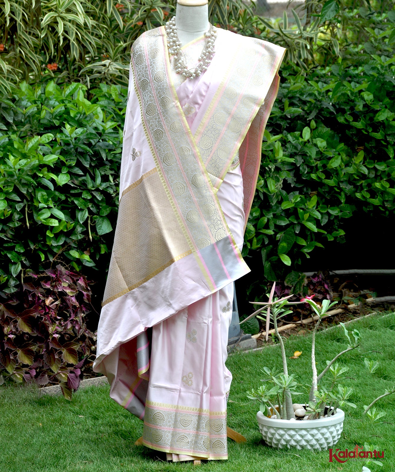 Handwoven Blush Pink Mushru Satin Silk Saree with Rupa-Sona Zari & Floral Border
