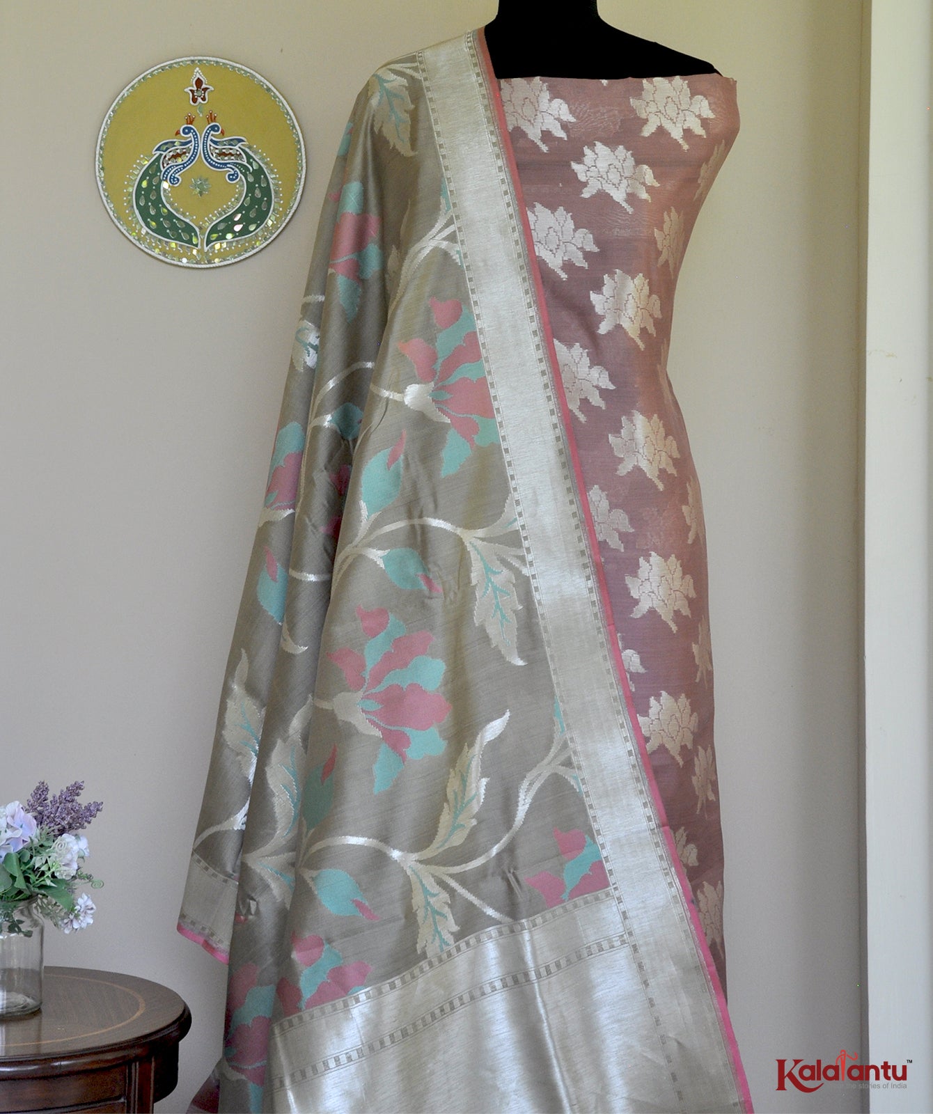 Soft brown Banarasi Dupion Silk Suit Set with Cutwork & Intricate Metallic Motifs