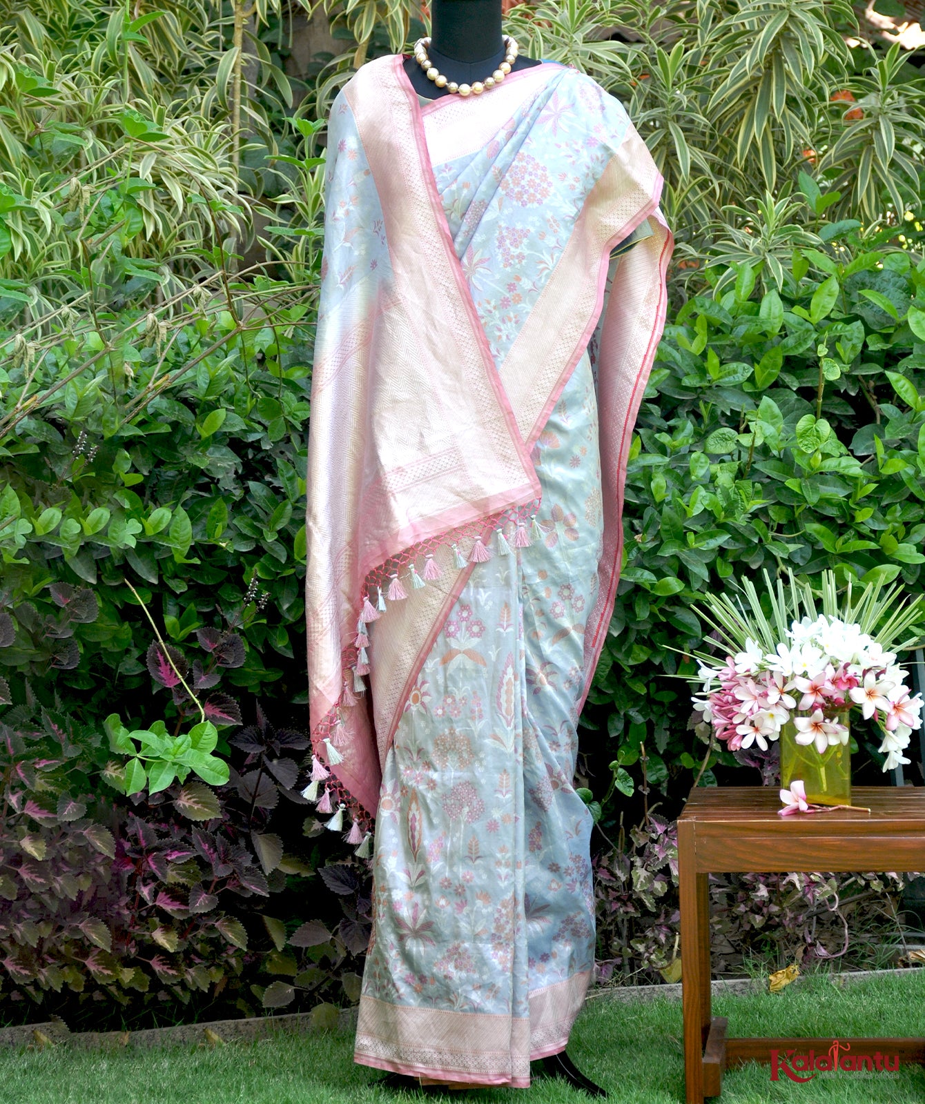 Ektara Tissue Banarasi Silk Saree with Jamdani Tilfi Motifs & Silver-Resham Tassels