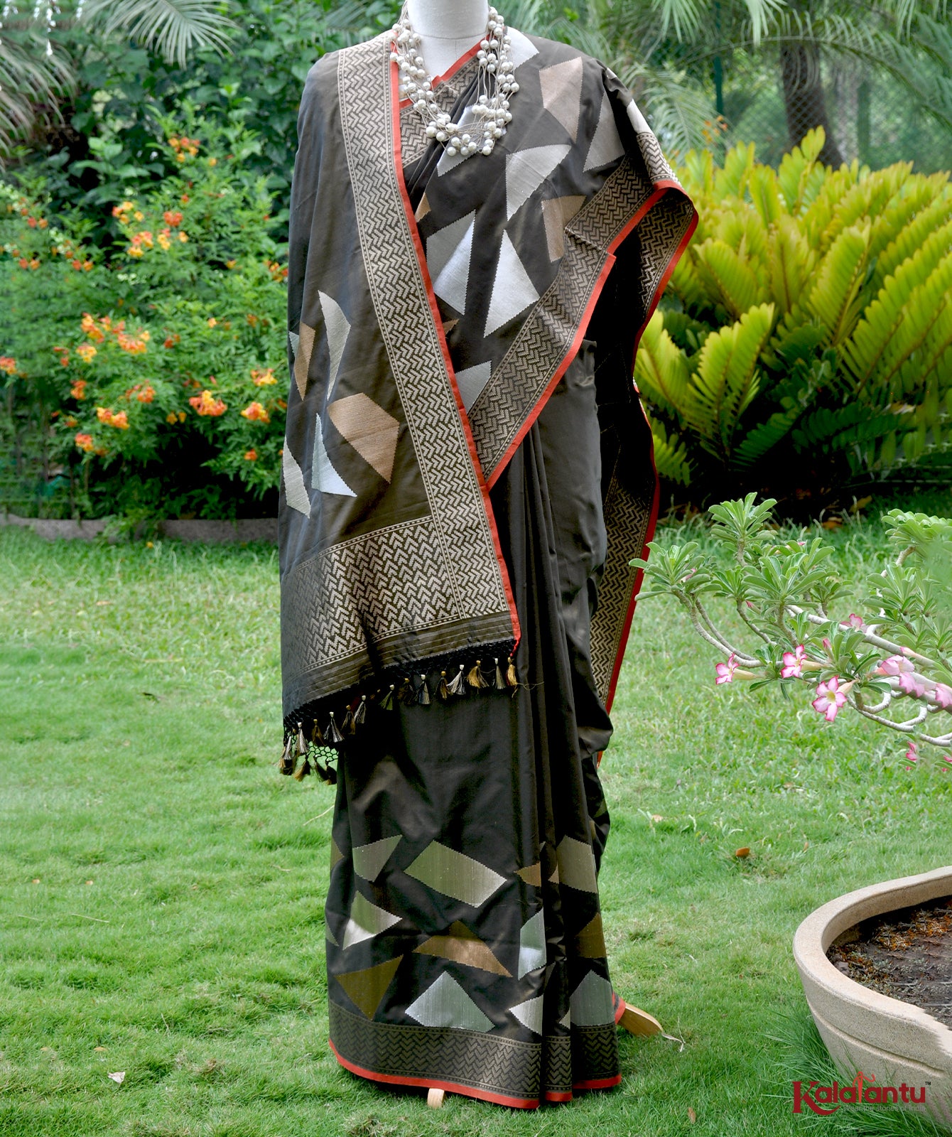 Designer Katan Silk Saree with Copper-Silver Zari Border