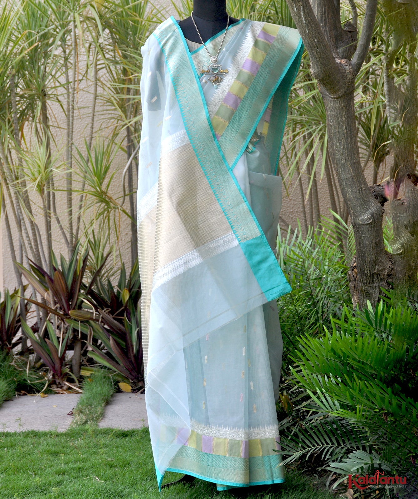 Handwoven Light Blue Organza Saree with Golden Zari Booti