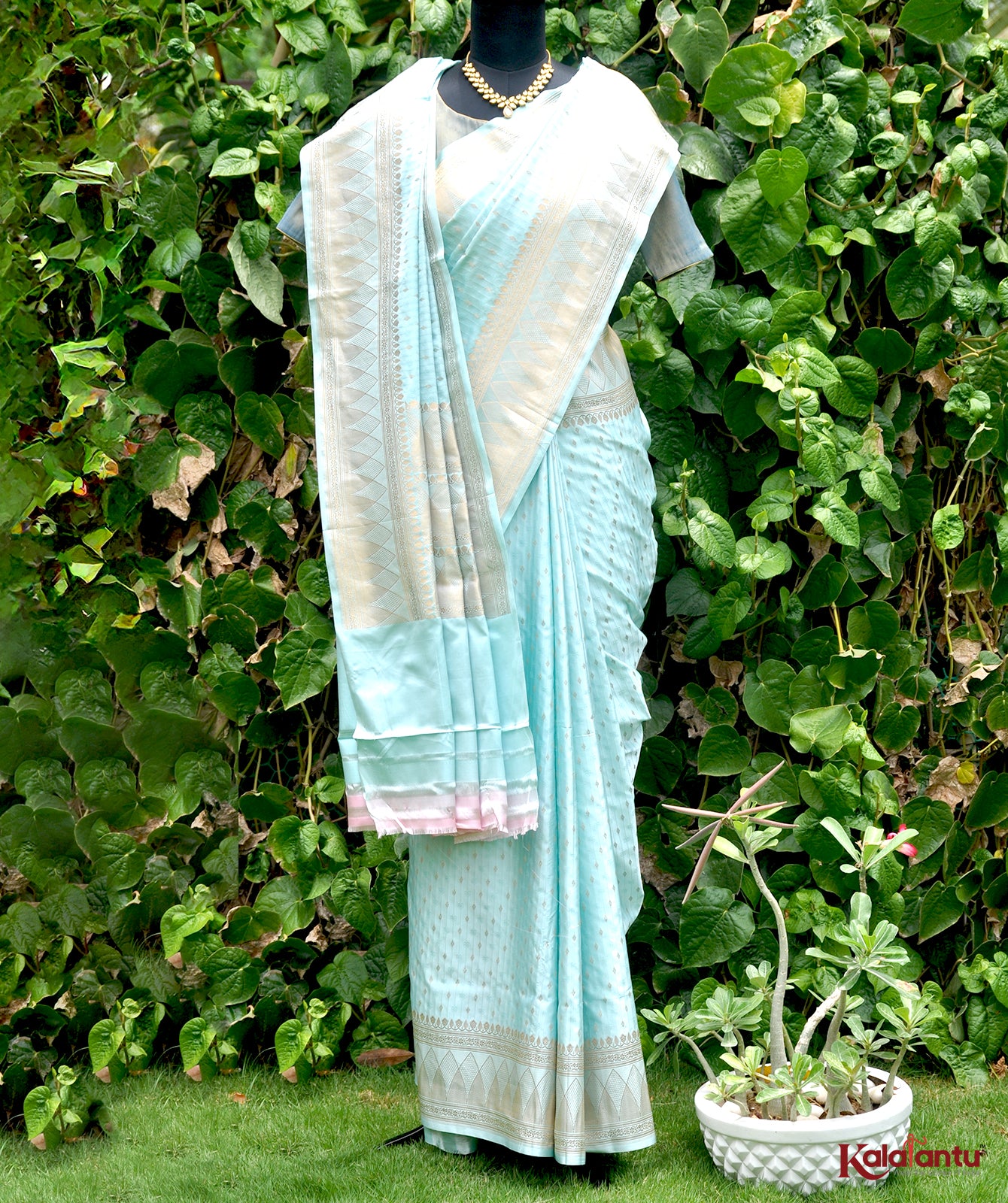 Handwoven Sky Blue Mushru Charmeuse Satin Saree with Zari & Resham Motifs