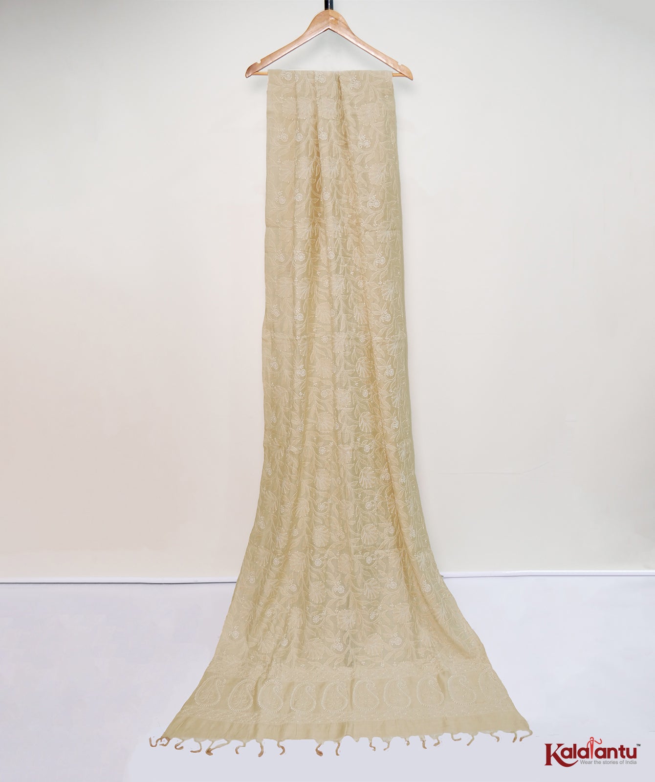 Beige Moonga Silk Chikankari Dupatta with floral jaal all over - 3