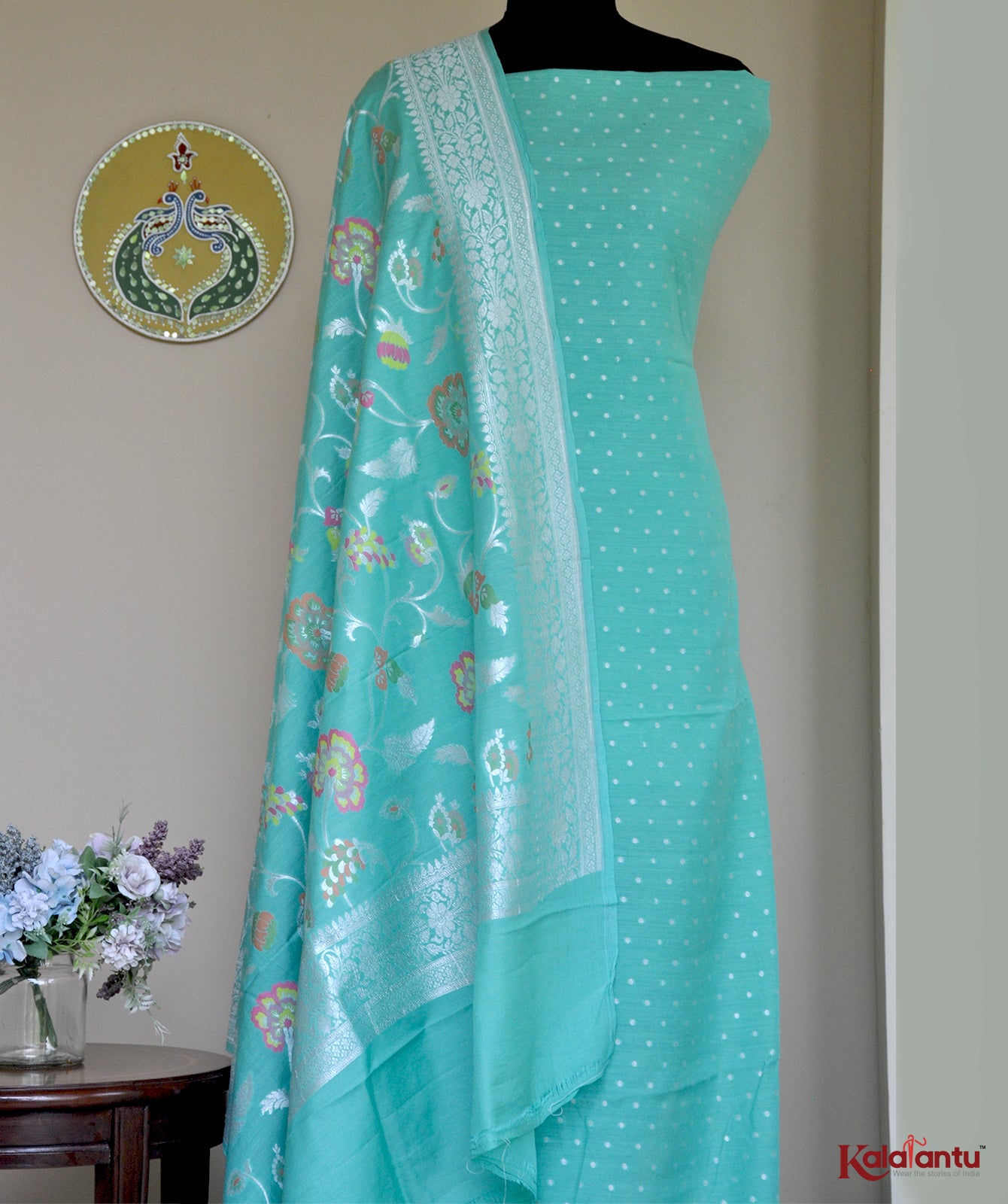 Sea Green Banarasi Moonga Silk Suit Set with Cutwork & Intricate Metallic Motifs