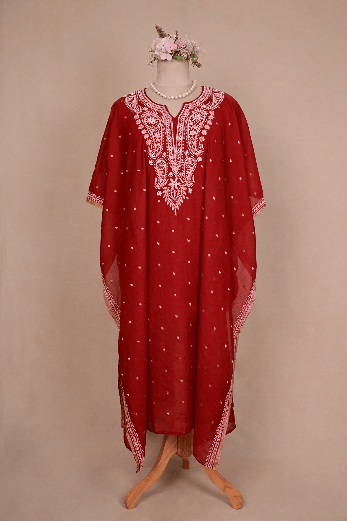 Brick Red Banarasi Chanderi Chikankari Kaftan