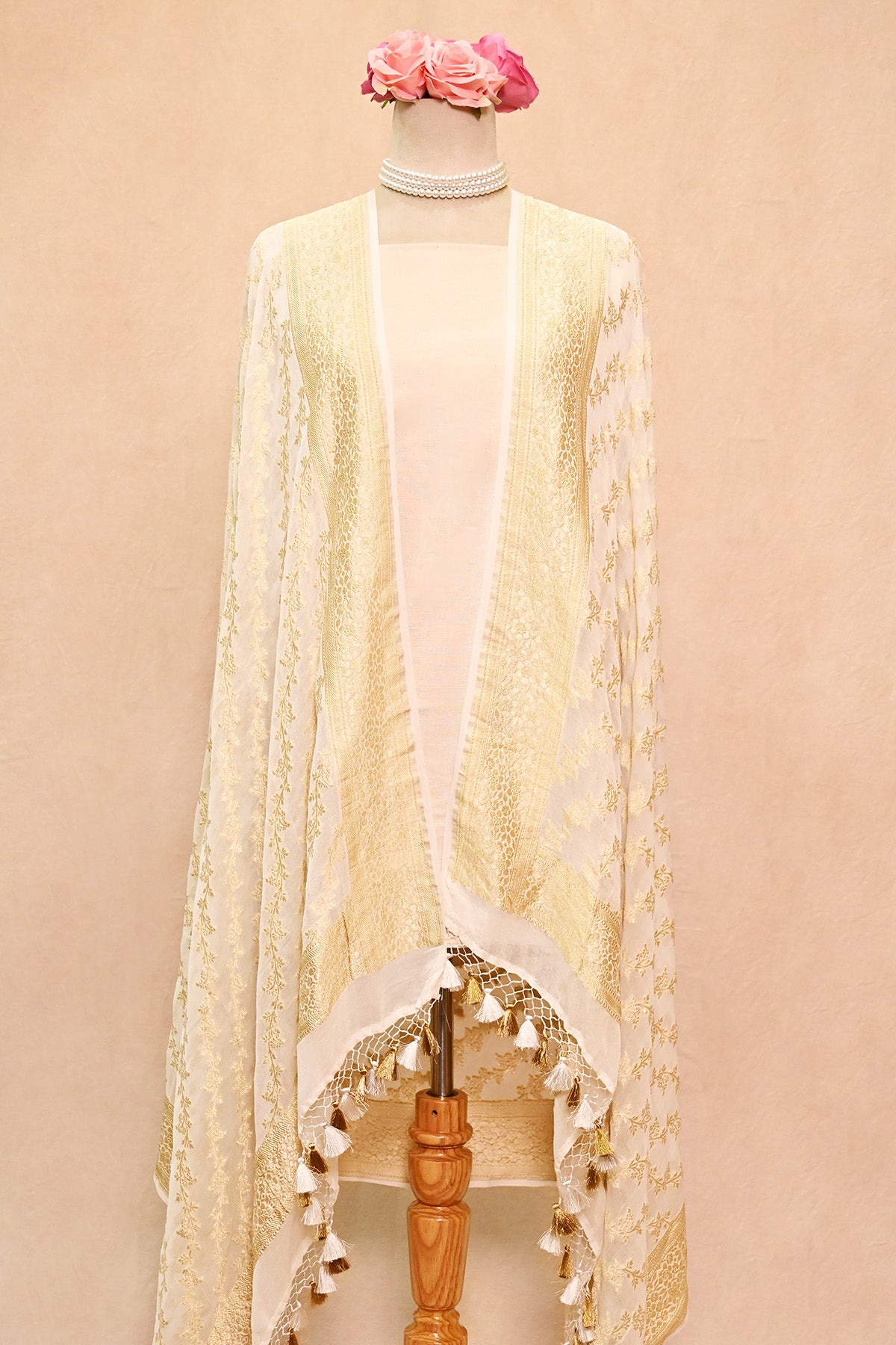 Off White Khaddi Georgette Banarasi Dupatta with Floral Stripes