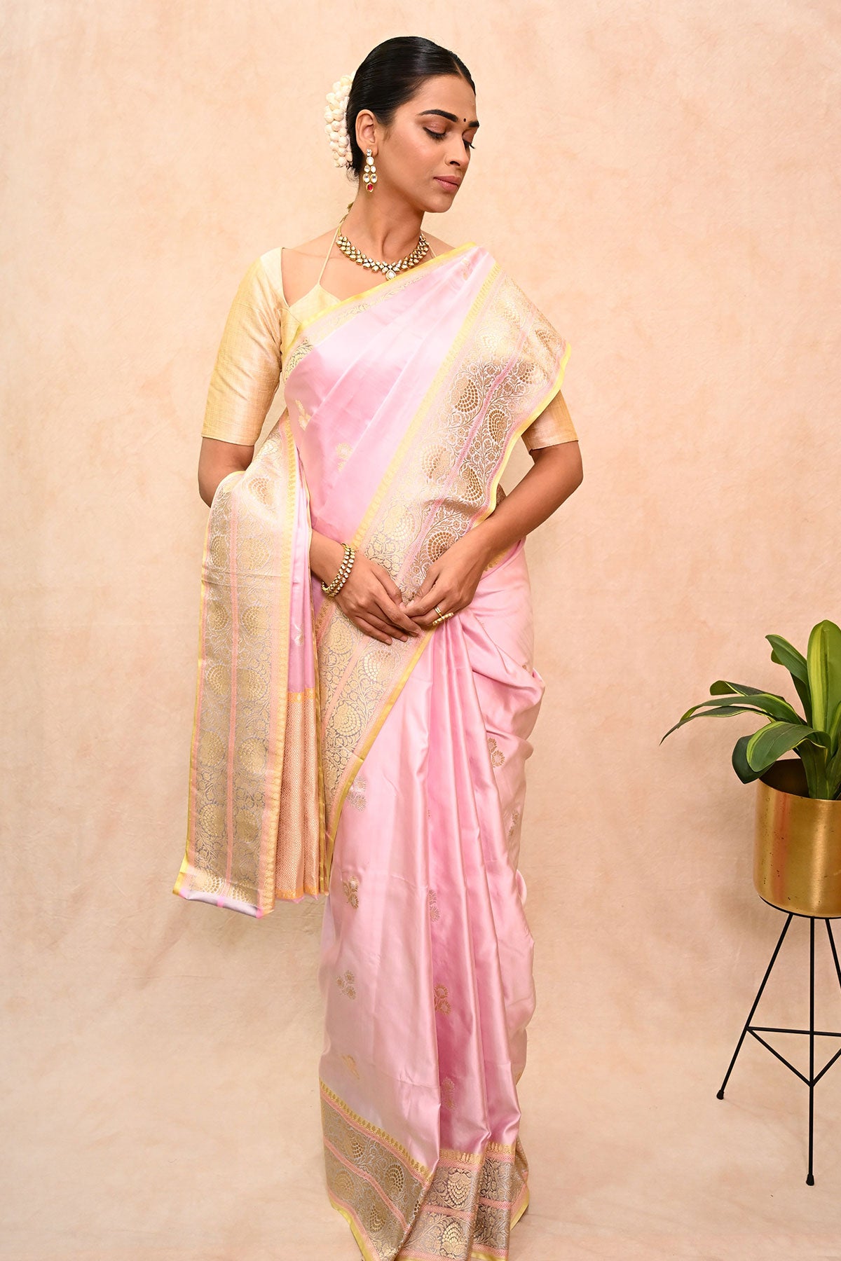 Handwoven Blush Pink Mushru Satin Silk Saree with Rupa-Sona Zari & Floral Border