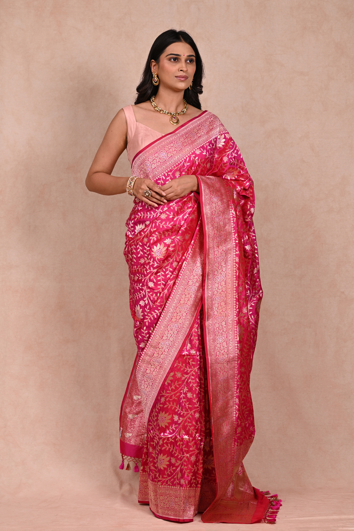 Hot Pink Katan Silk Rupa Sona Banarasi saree