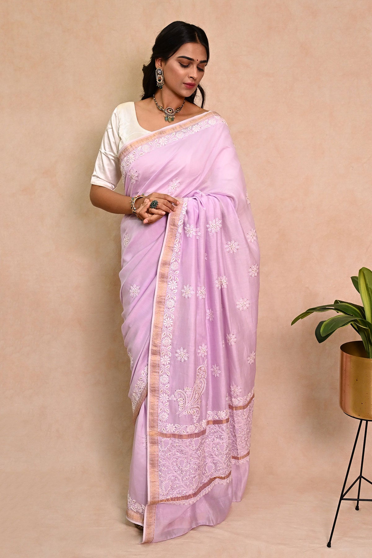 Lavender Chanderi Chikankari Saree with Zari Border