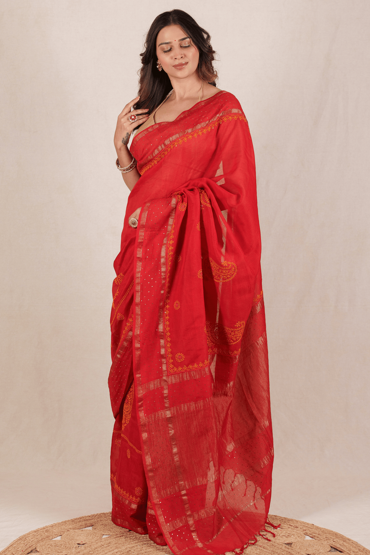Vermilion Red Maheshwari Silk Chikankari Saree