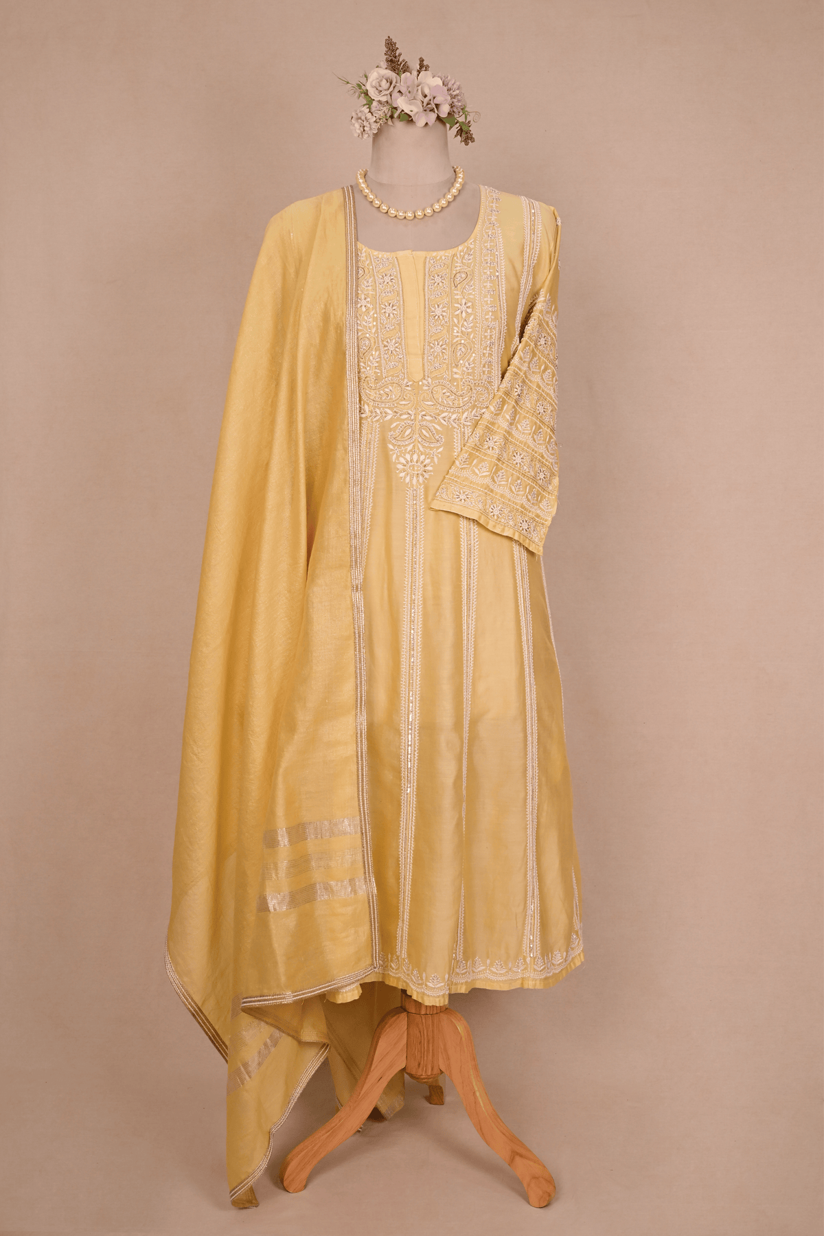 Butter Yellow Chanderi Silk Chikankari Anarkali
