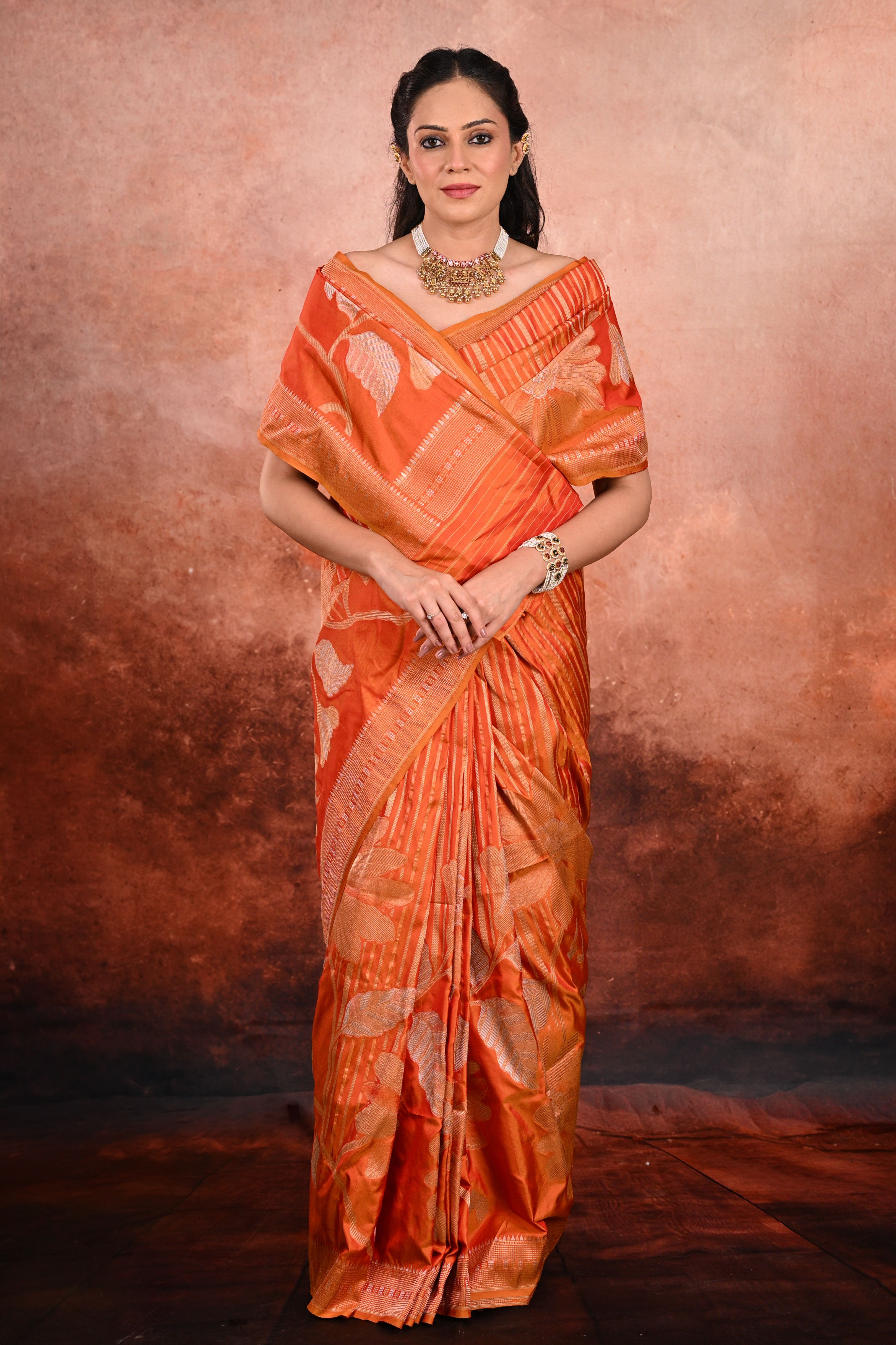 Burnt Orange Katan Silk Banarasi Saree