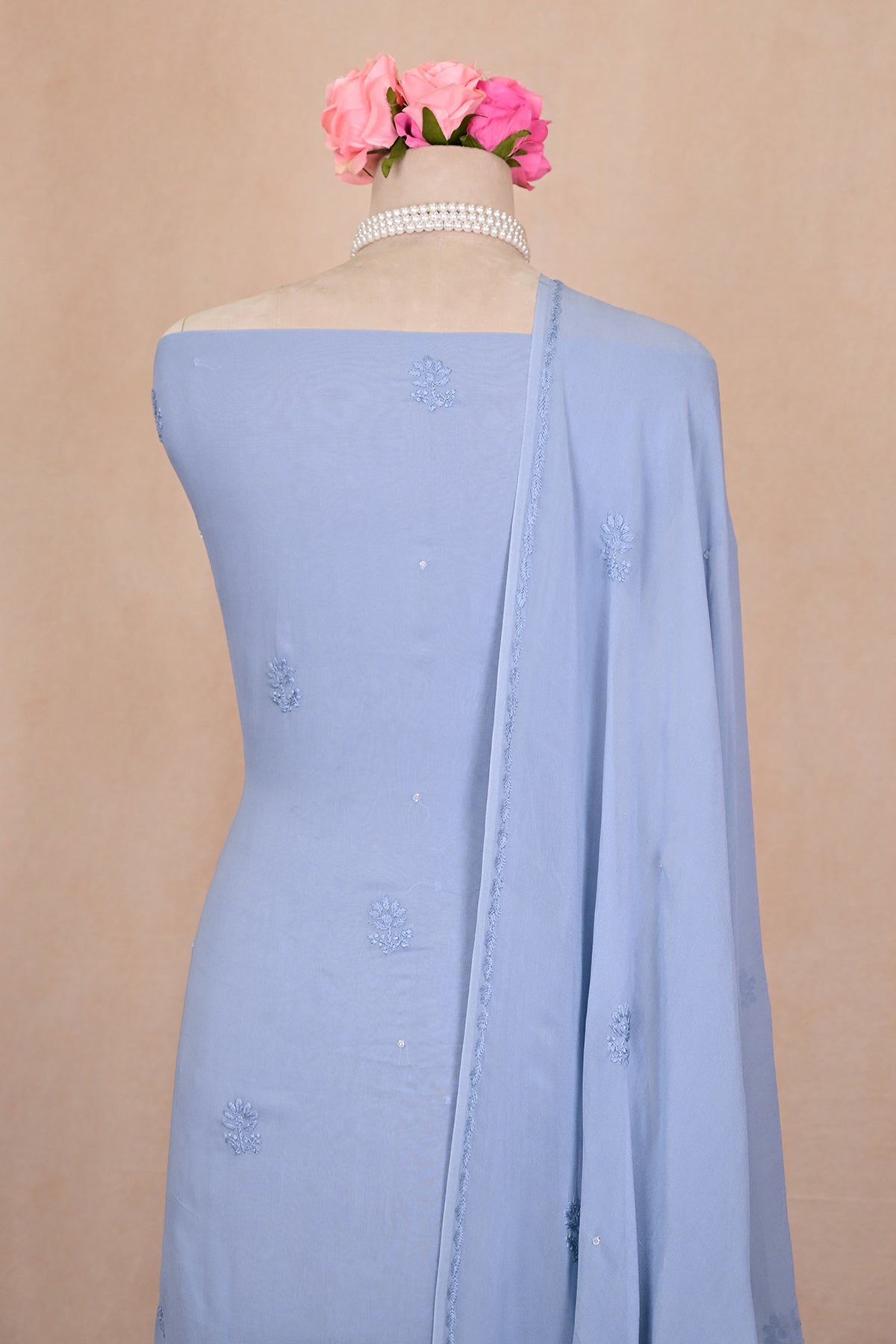 Blue Gray Viscose Georgette Chikankari Suit