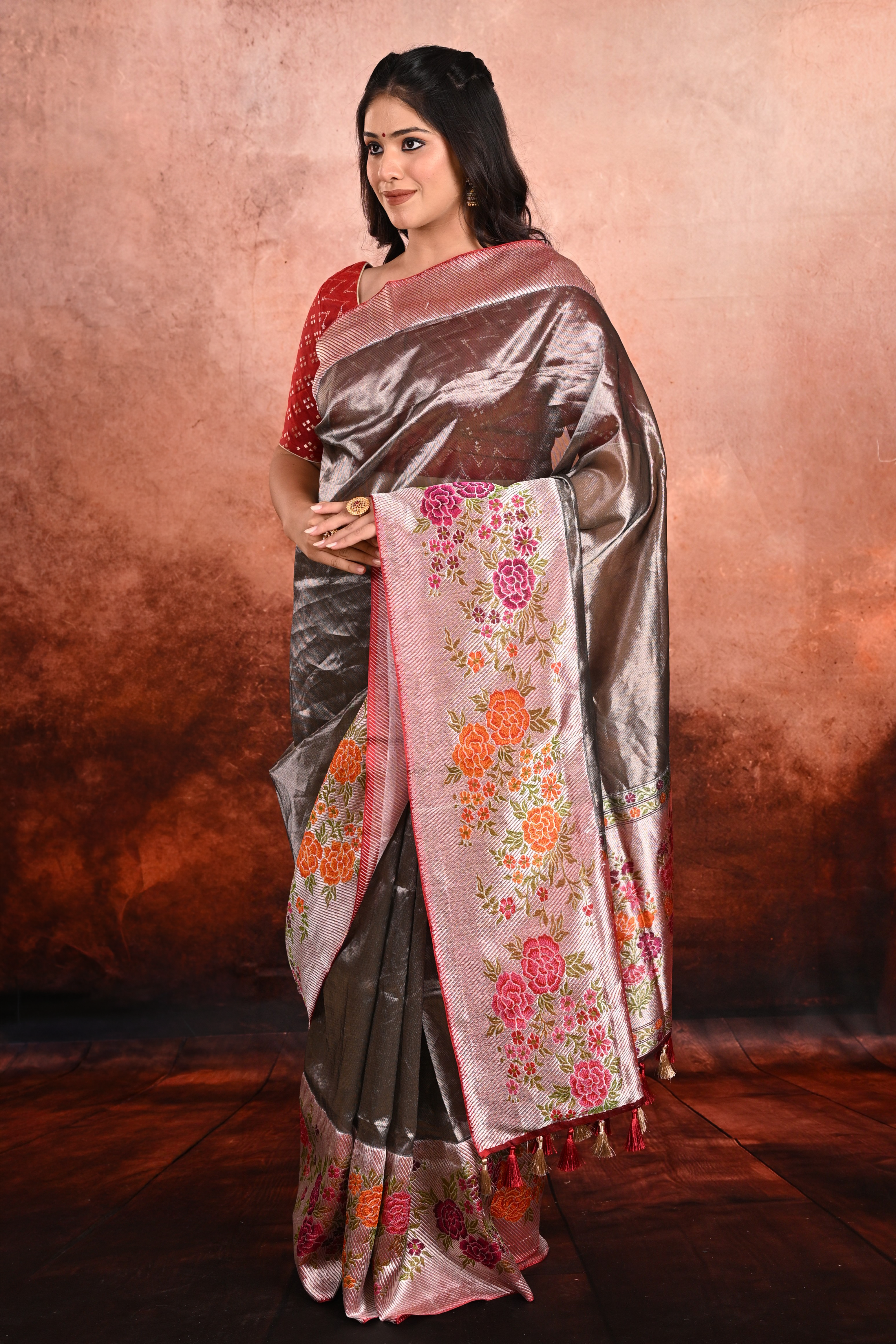 Metallic Grey Tissue Kora Silk Banarasi Saree