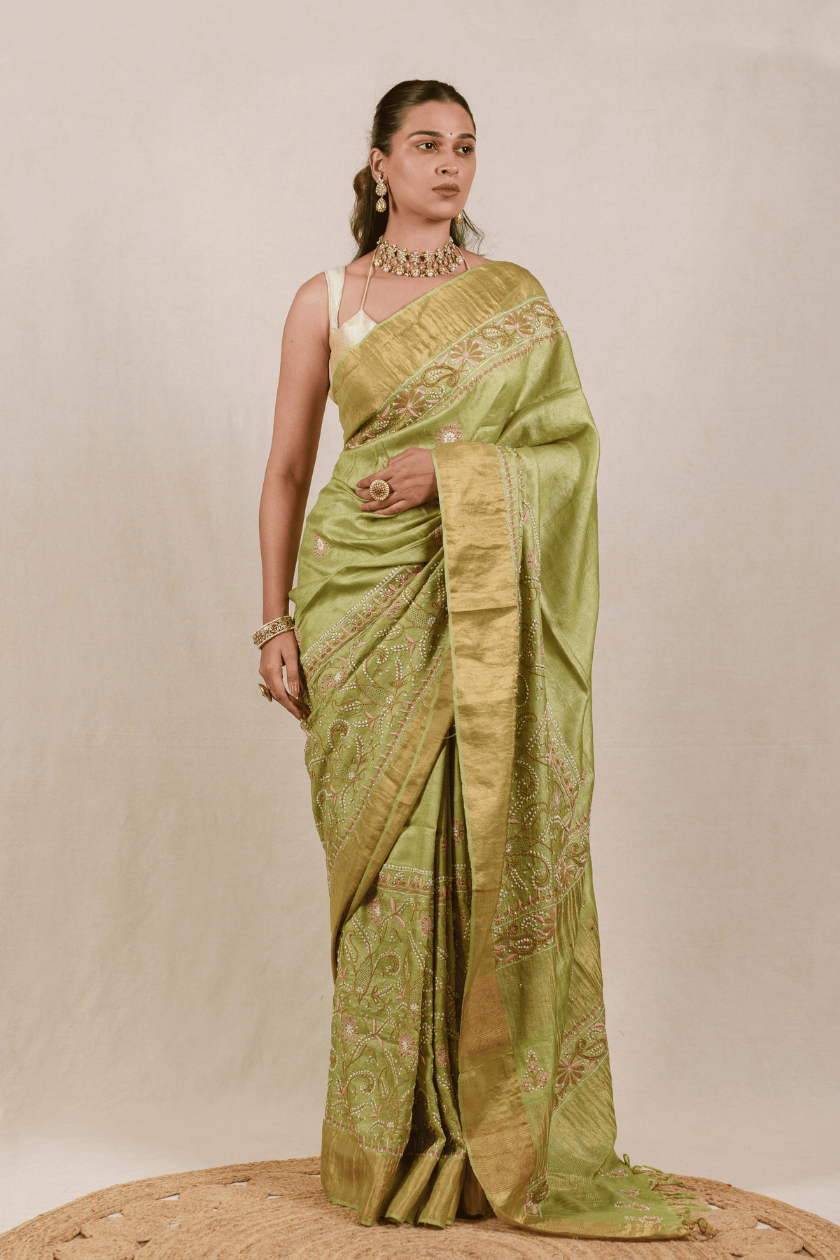Grass Green Moonga Tussar Chikankari Saree