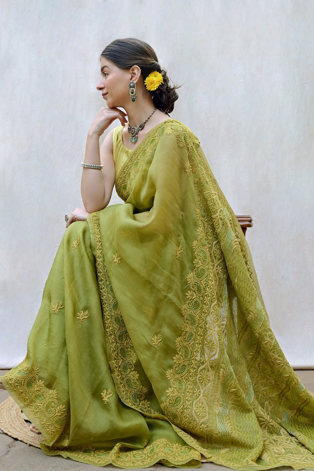 Olive Green Pure Organza Silk Chikankari Saree