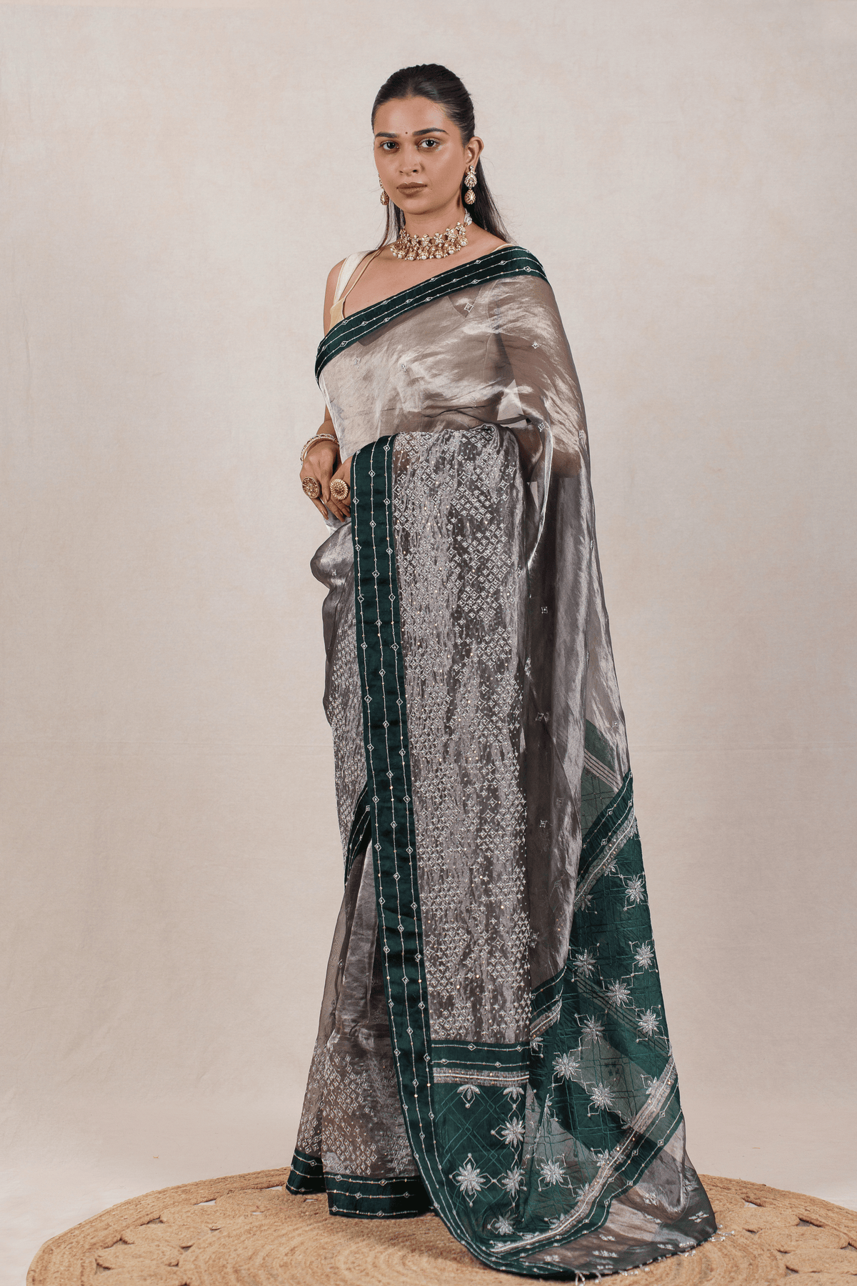 Green Antique Bronze Tissue Zardozi Saree
