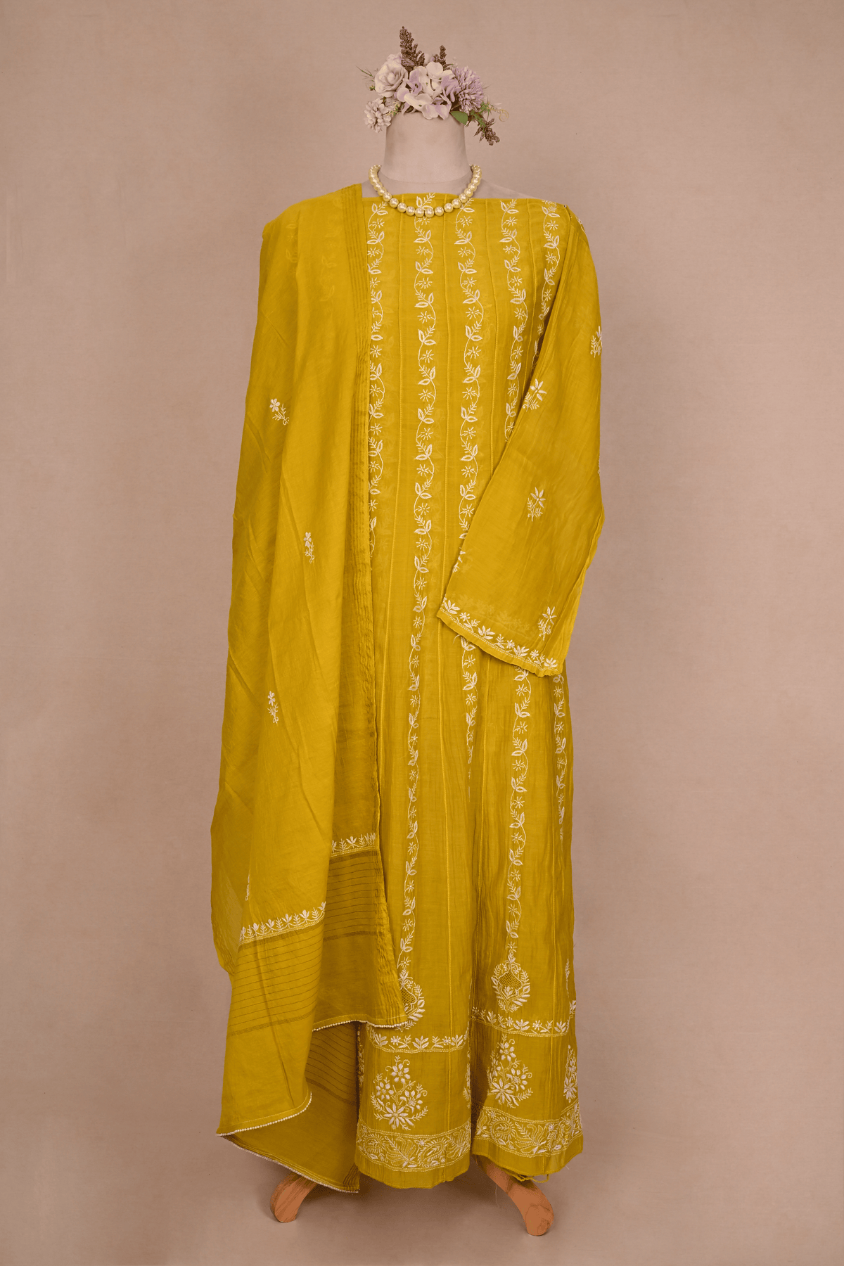 Olive Yellow Mul Chanderi Chikankari Anarkali