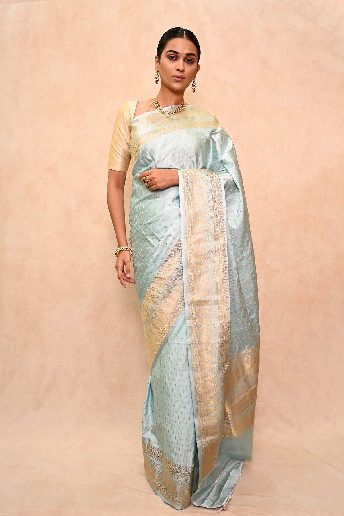 Handwoven Turquoise Blue Mushru Charmeuse Satin Saree with Zari & Resham Motifs