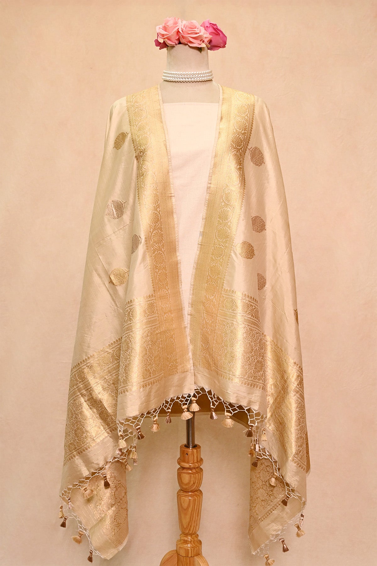 Beige Katan Silk Banarasi Dupatta with Banarasi Motifs