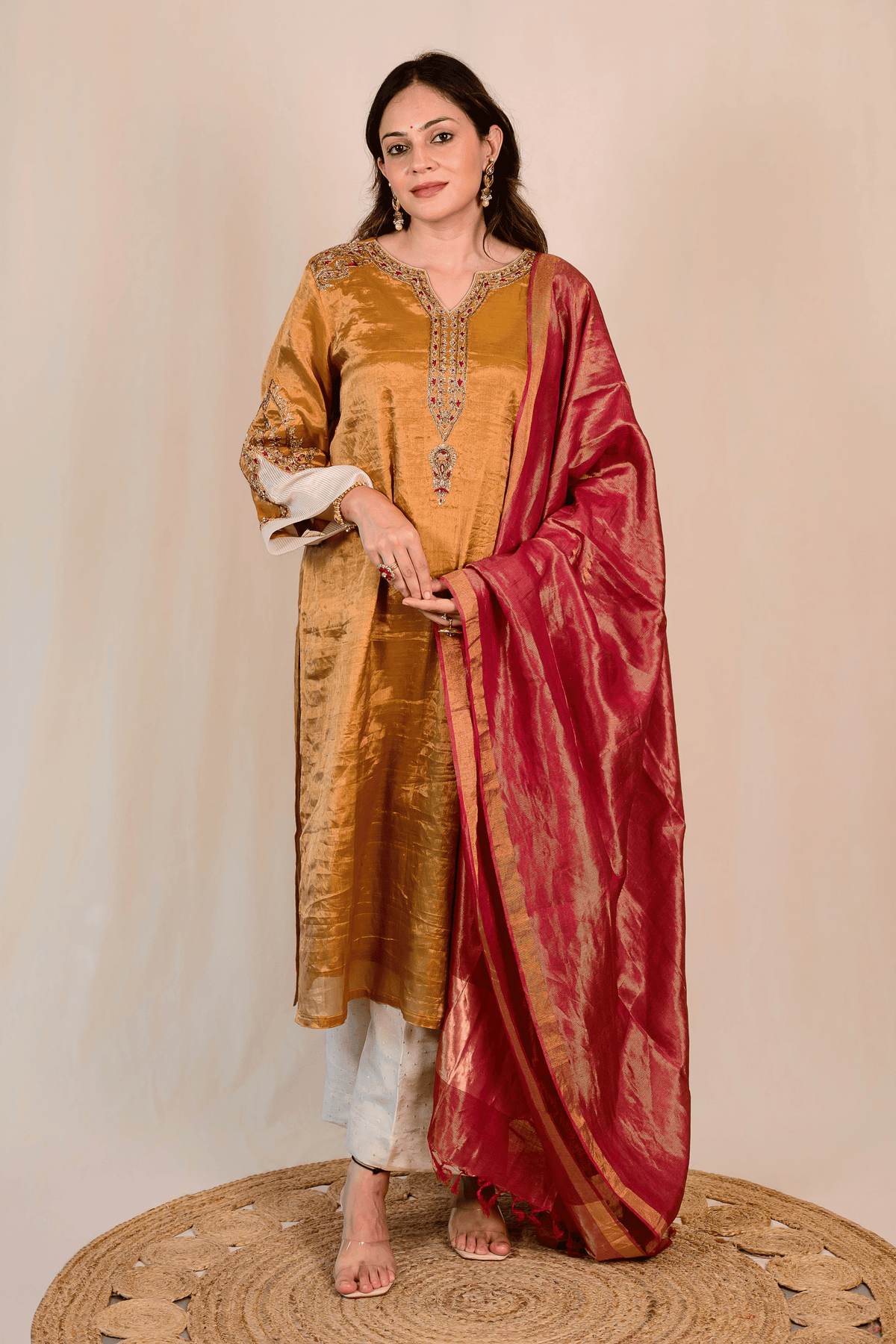 Yellow Ochre Tissue Silk Zardozi Suit