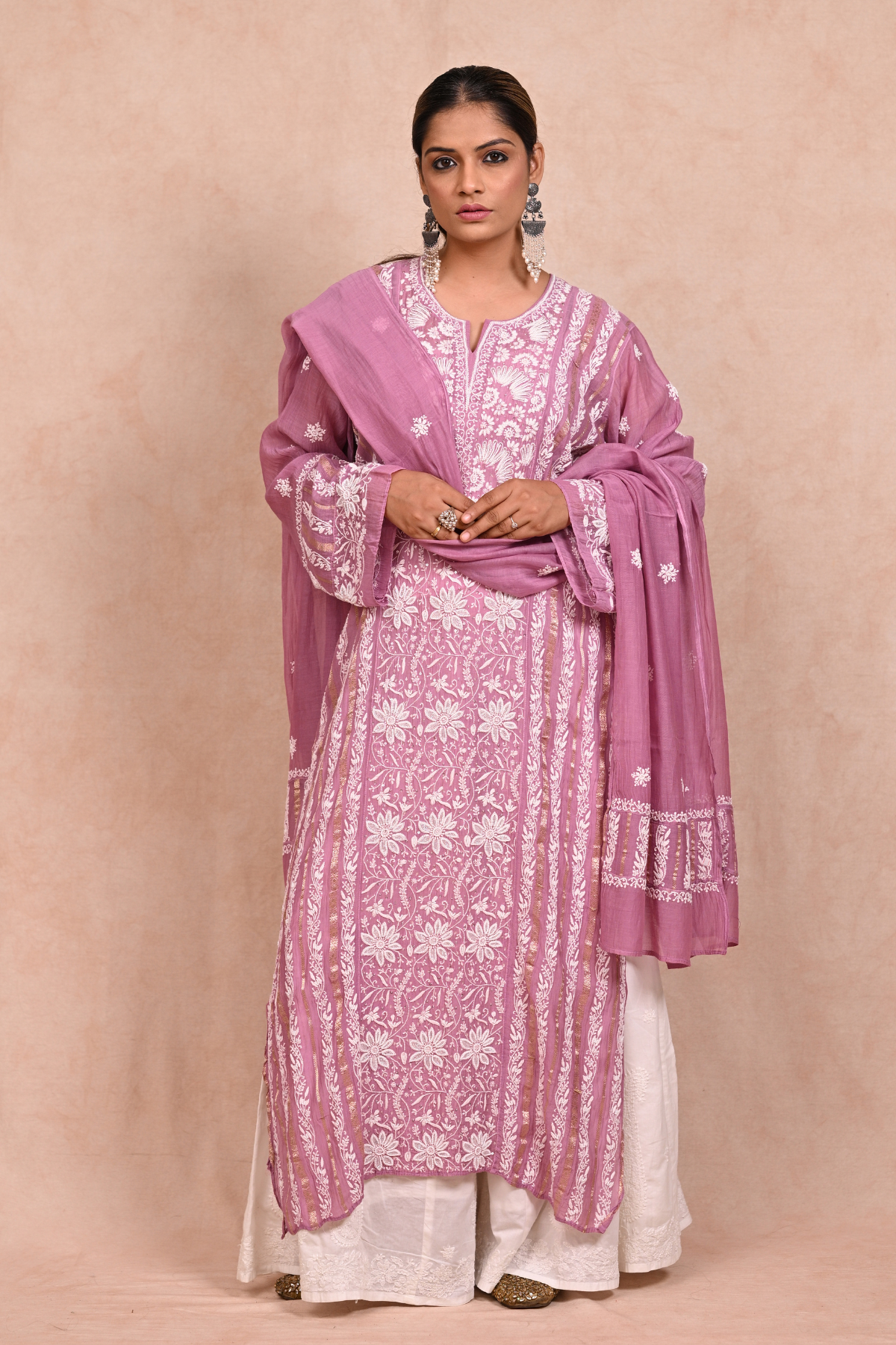 Dark Lavender Pure Soft  Chanderi Chikankari Suit