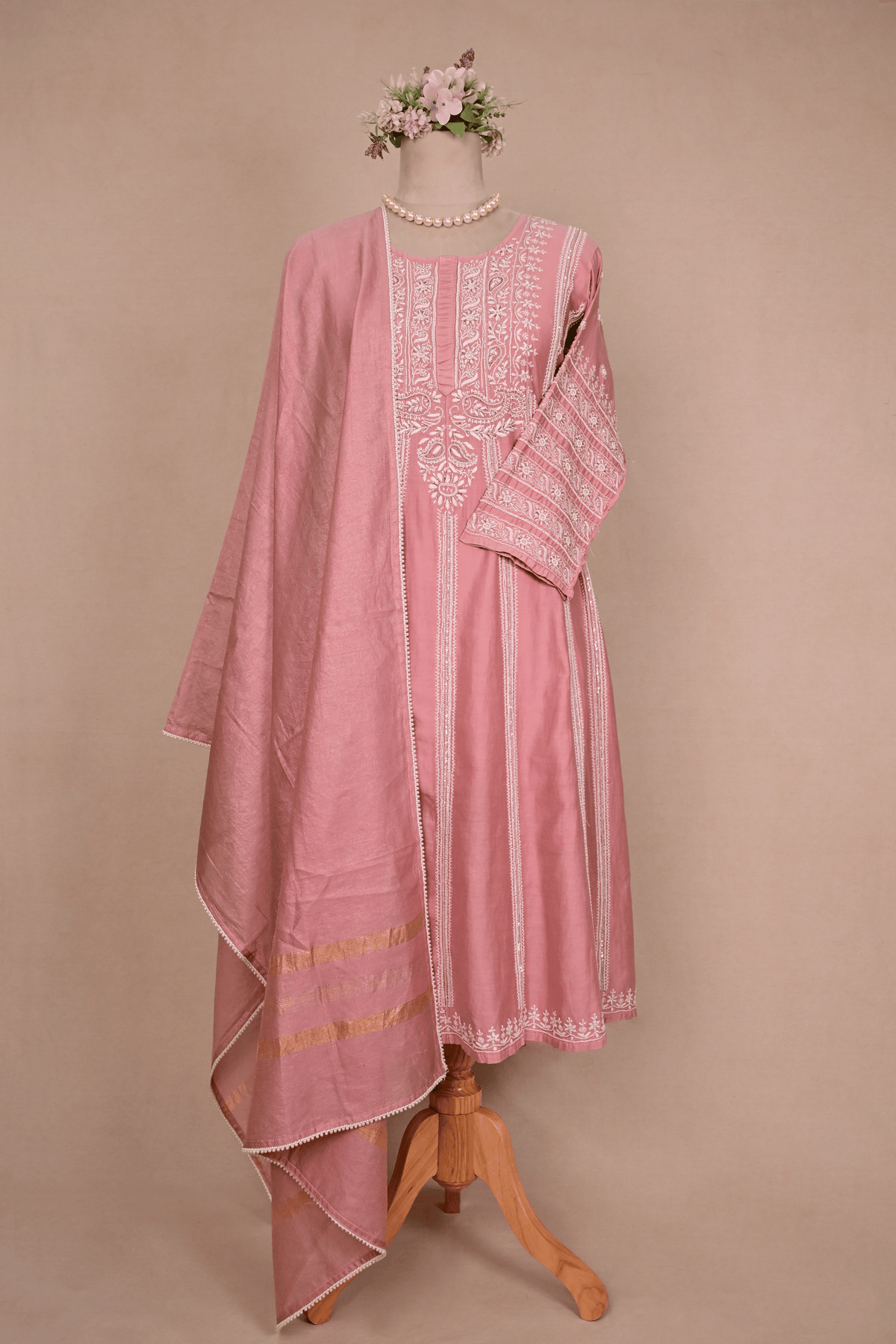 Vintage Rose Pink Chanderi Chikankari Anarkali