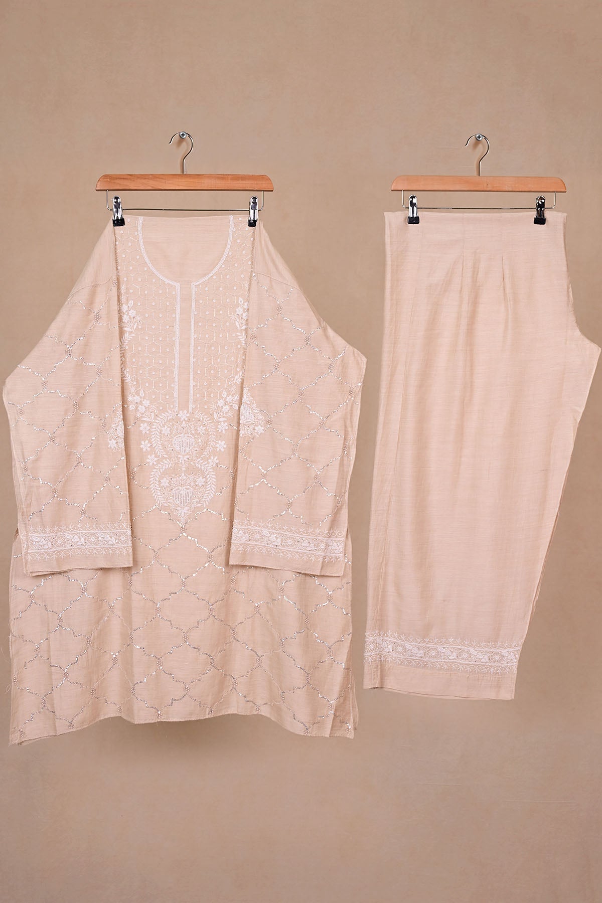 Beige Moonga Silk Chikankari Co-ord Set