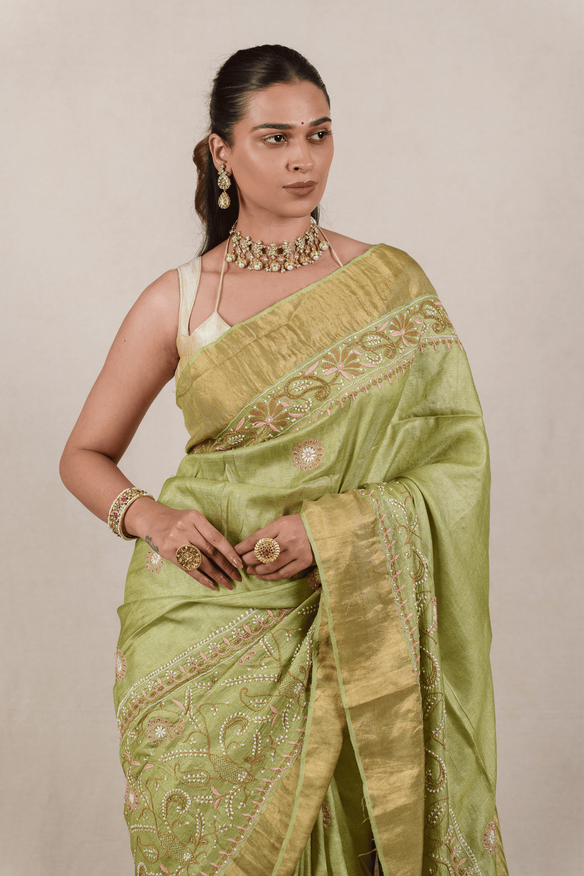 Grass Green Moonga Tussar Chikankari Saree