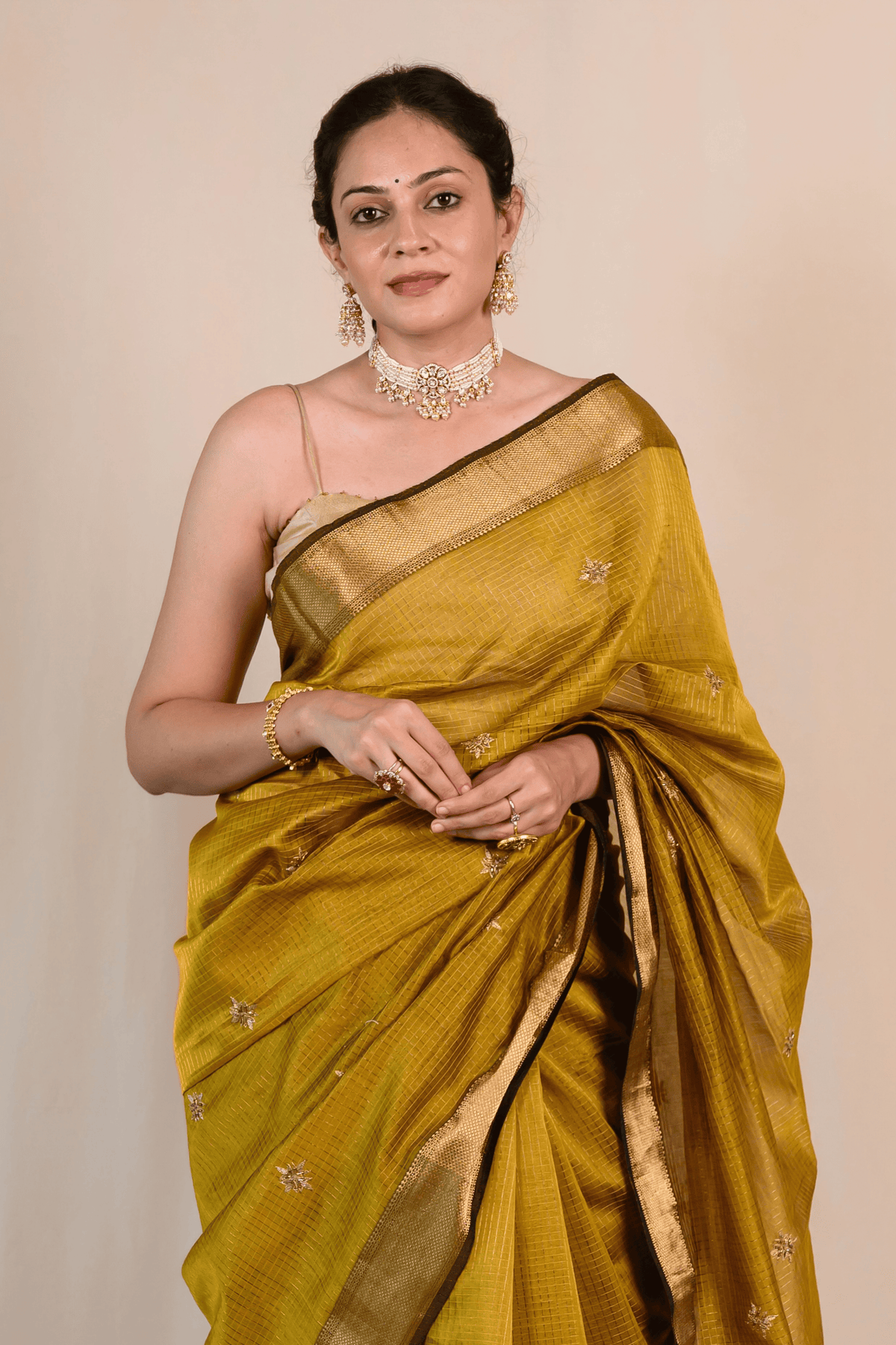Warm Ochre Maheshwari Silk Zardozi Saree
