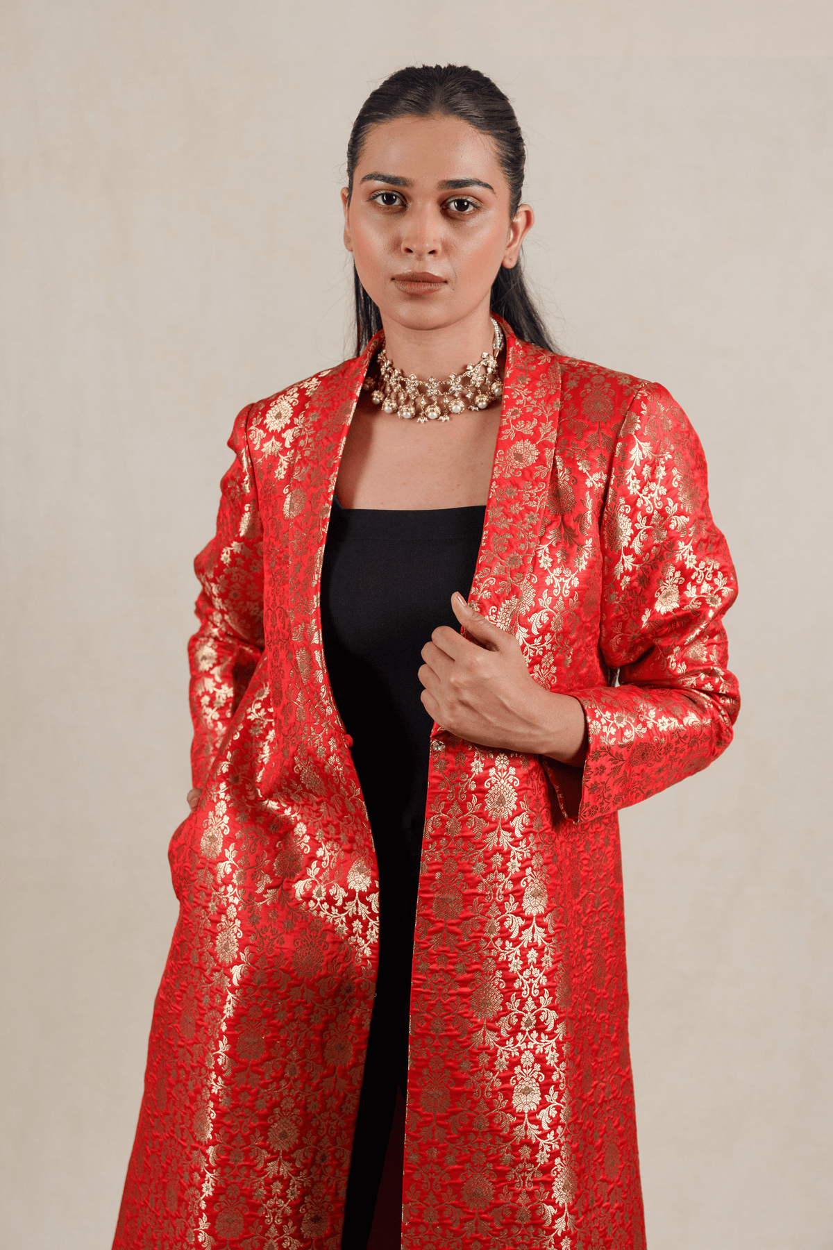 Crimson Red Brocade Silk Banarasi Jacket