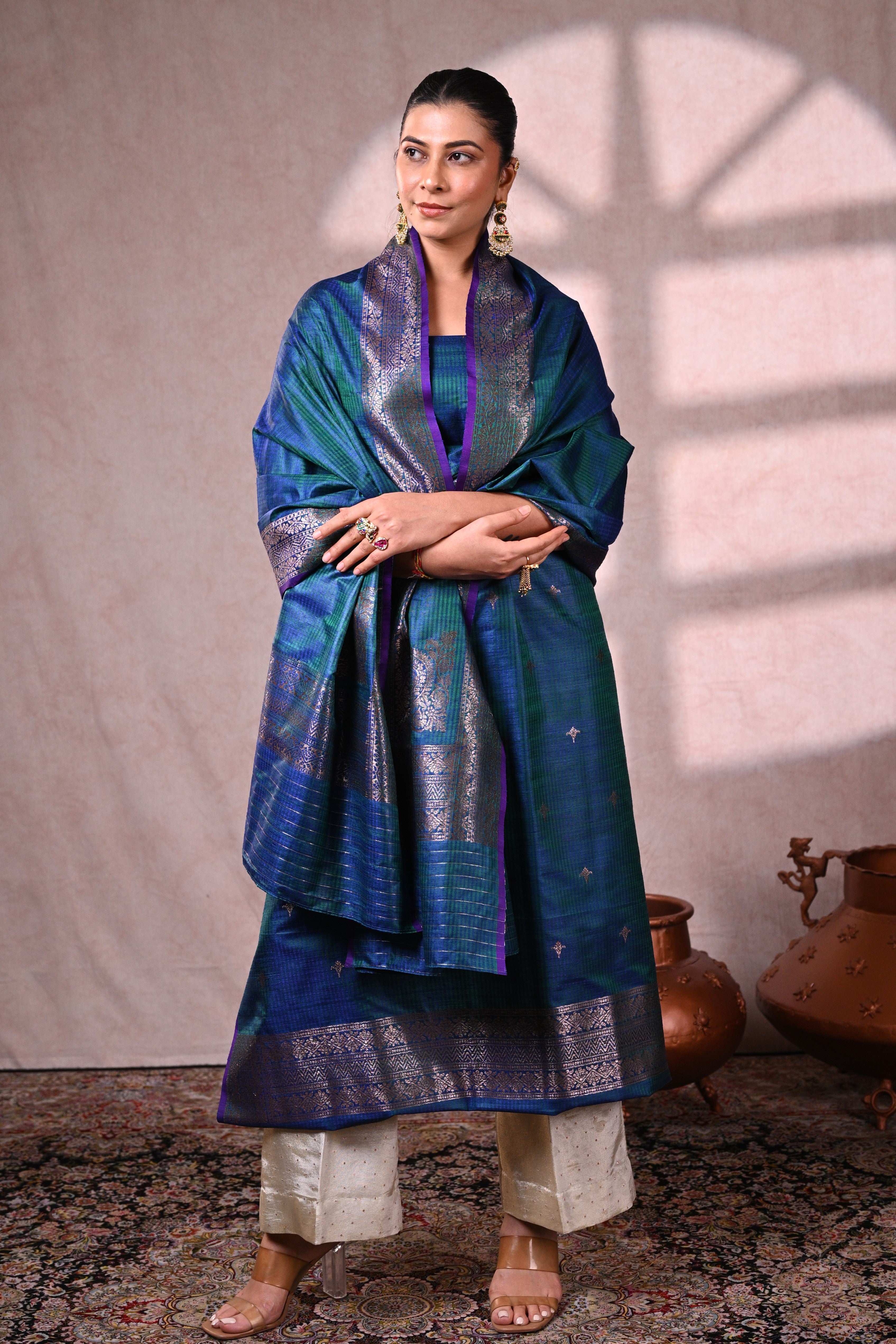 Peacock Blue Raw Dupion Silk Banarasi Suit