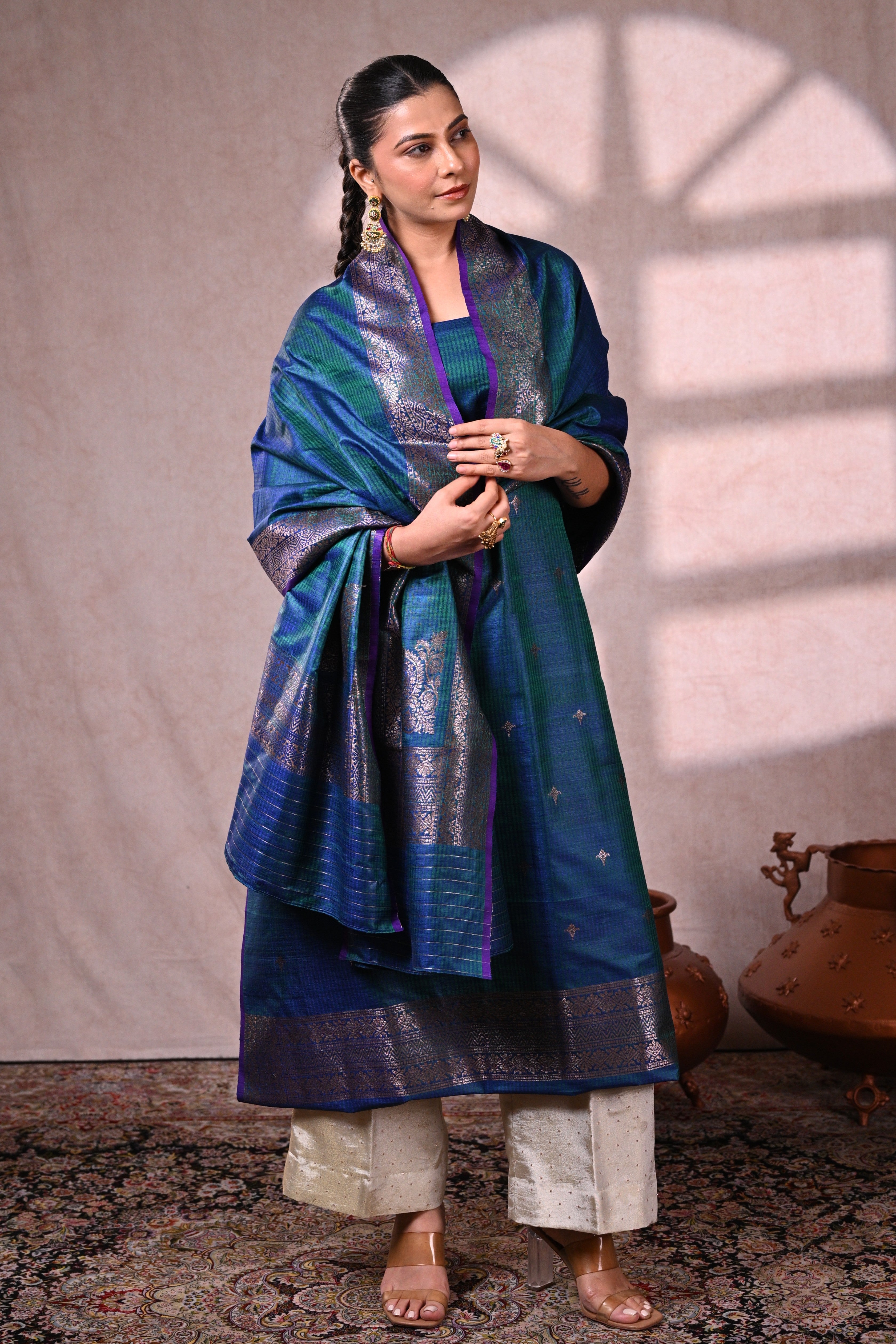 Peacock Blue Raw Dupion Silk Banarasi Suit