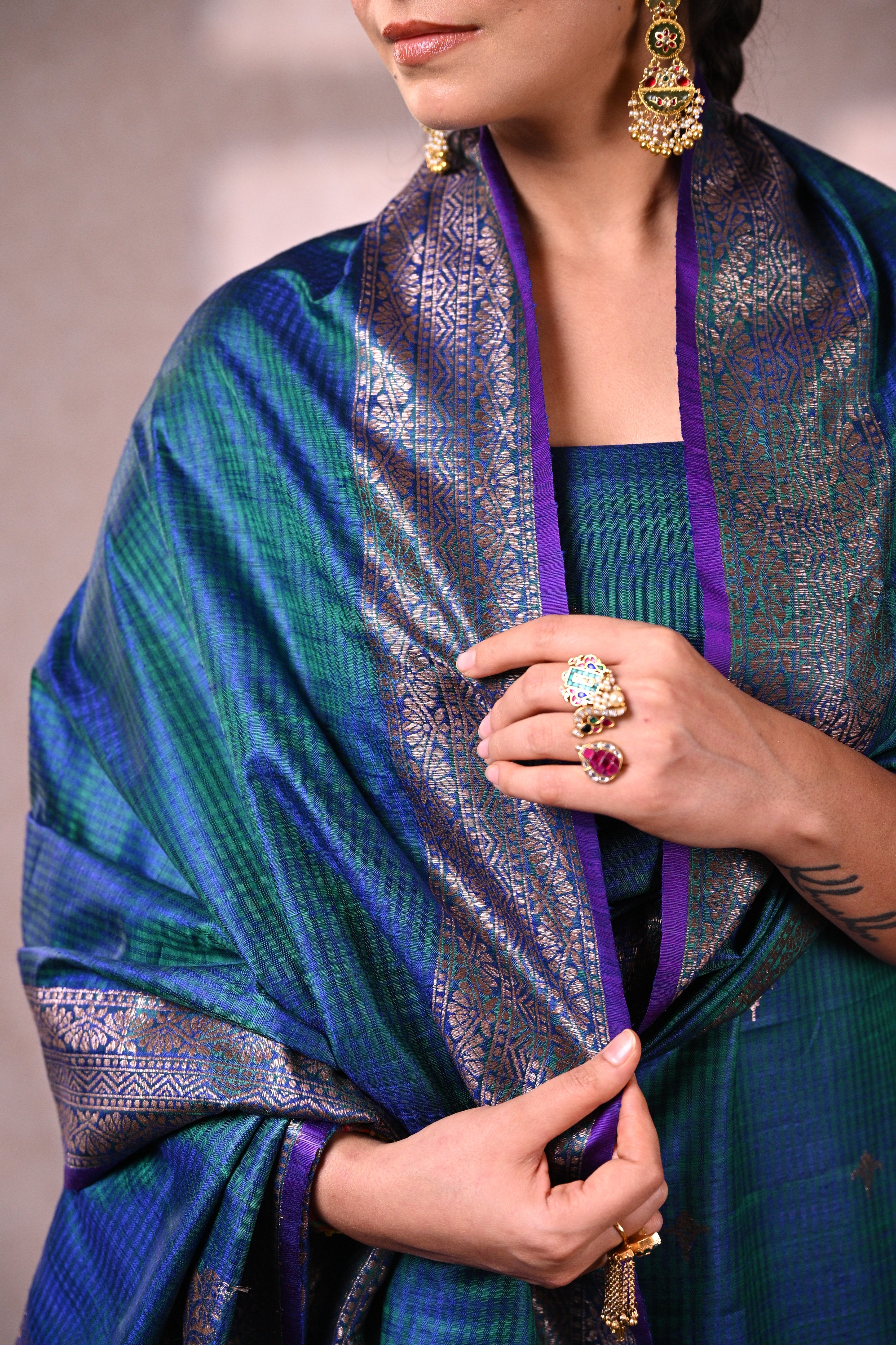 Peacock Blue Raw Dupion Silk Banarasi Suit