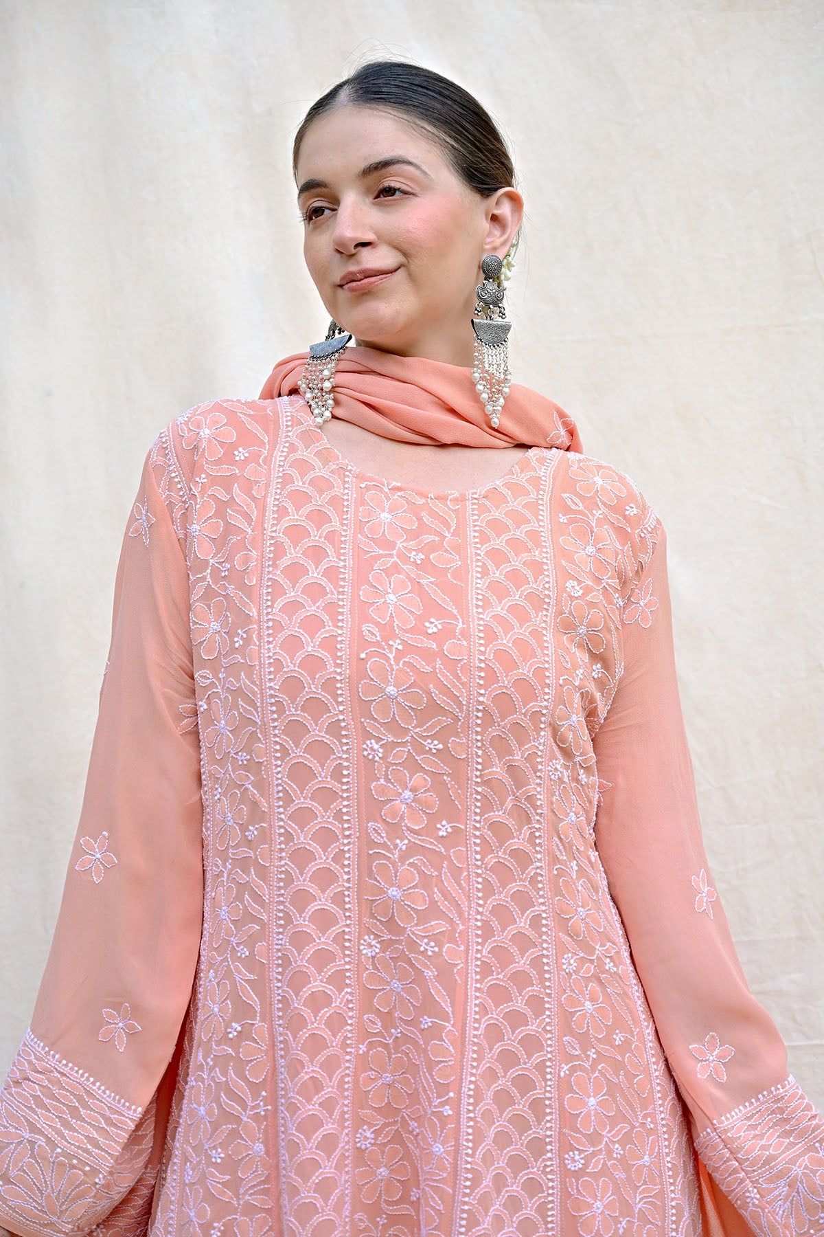 Peach Orange Georgette Chikankari Anarkali