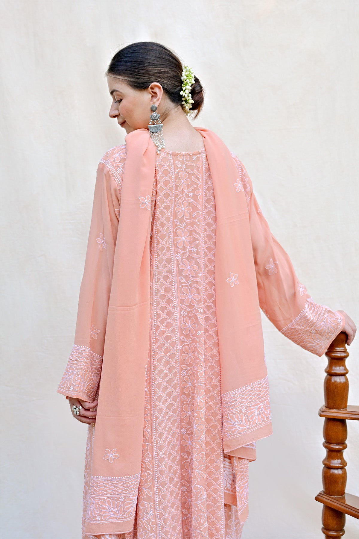 Peach Orange Georgette Chikankari Anarkali
