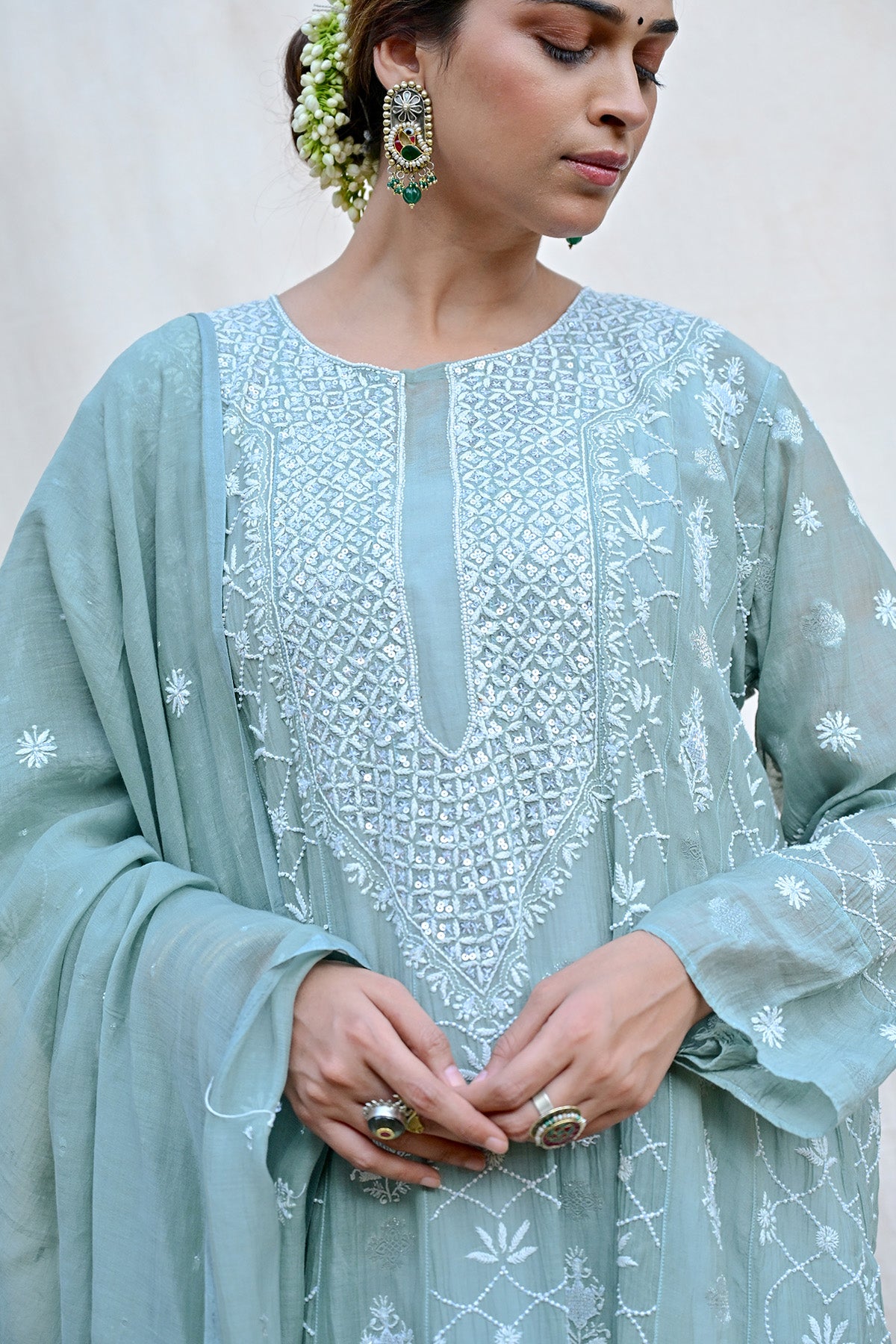 Sage Green Mul Chanderi Chikankari Anarkali