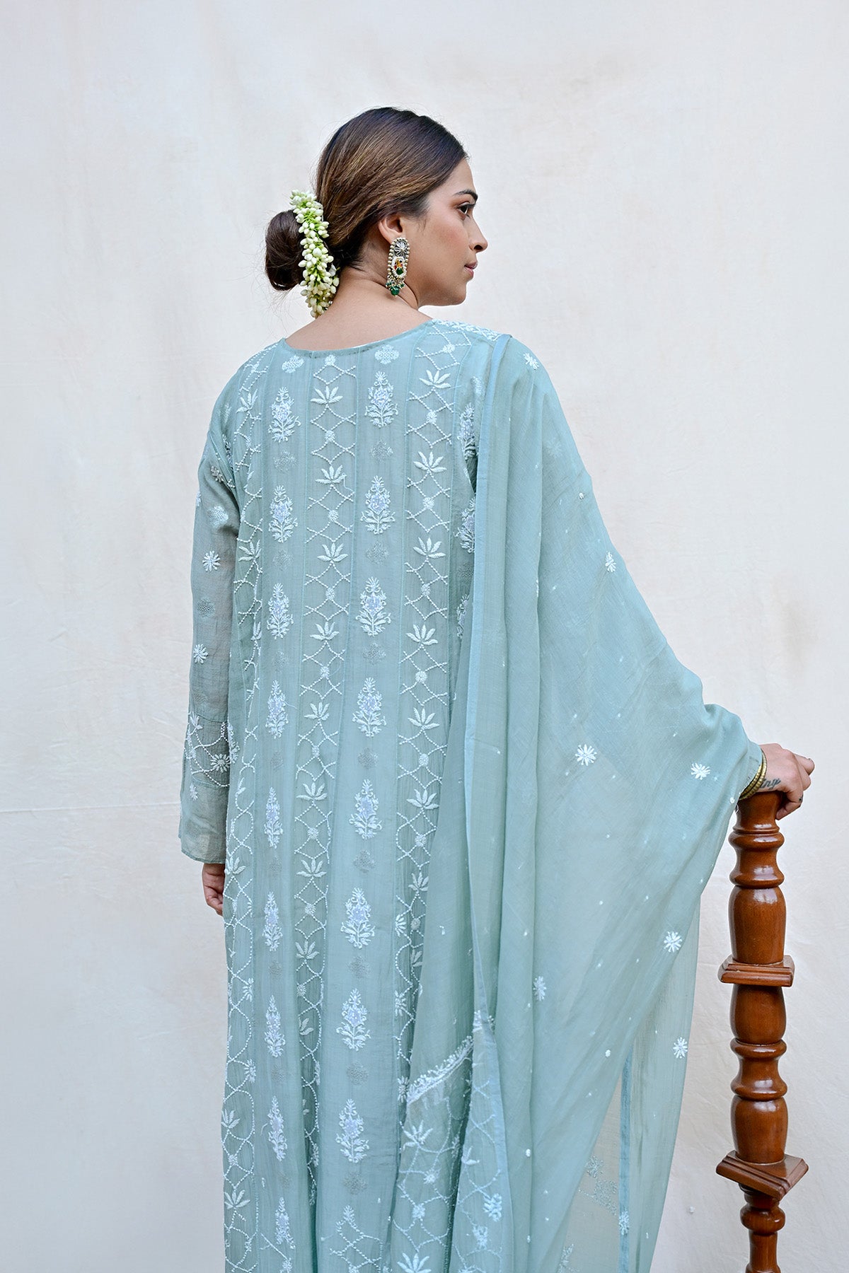 Sage Green Mul Chanderi Chikankari Anarkali