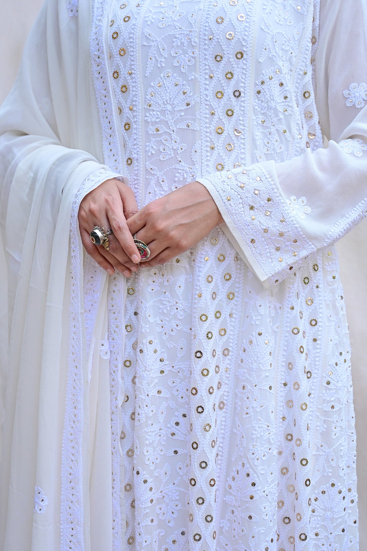 Ivory White Georgette Chikankari Anarkali