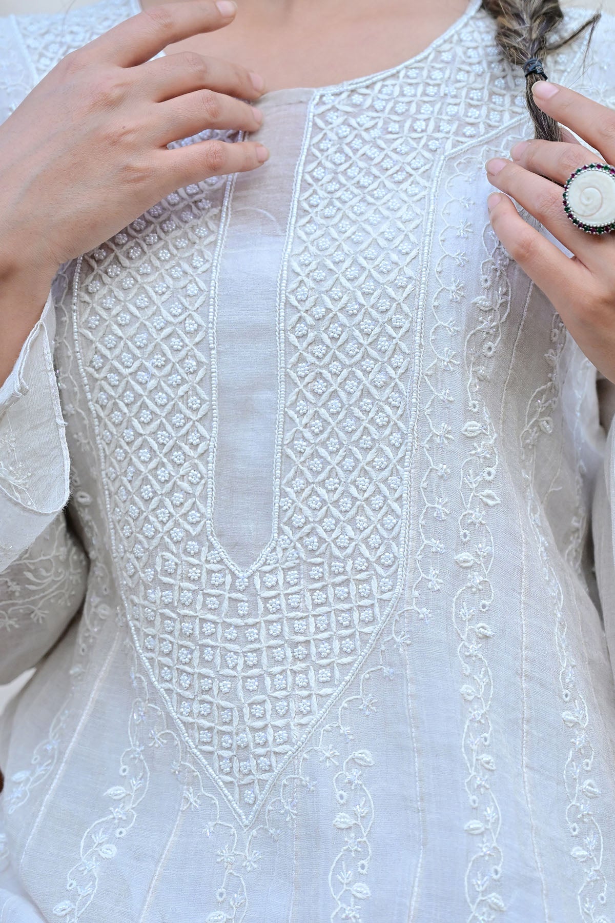 Ash White Tissue Chanderi Chikankari Anarkali