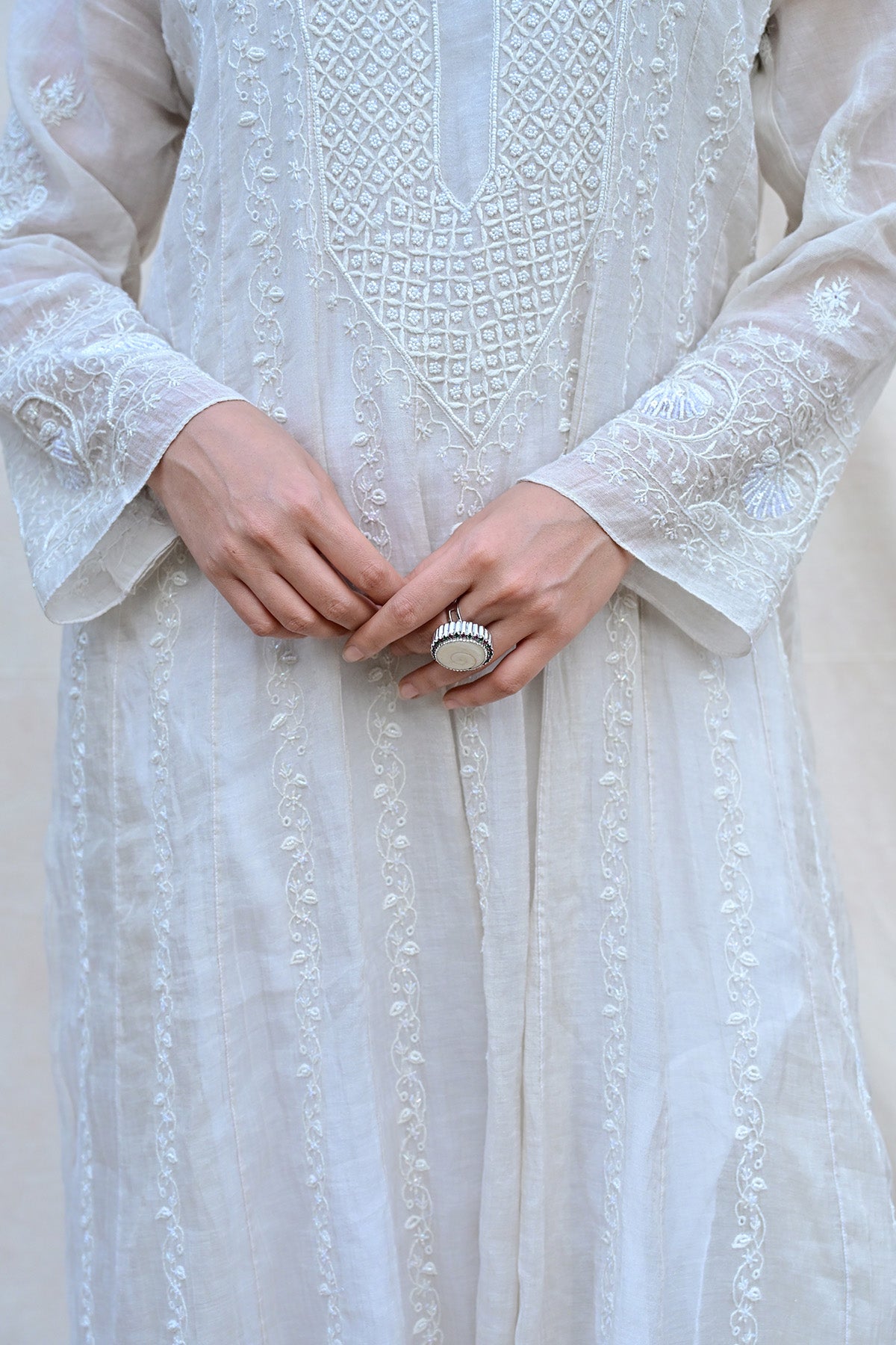 Ash White Tissue Chanderi Chikankari Anarkali