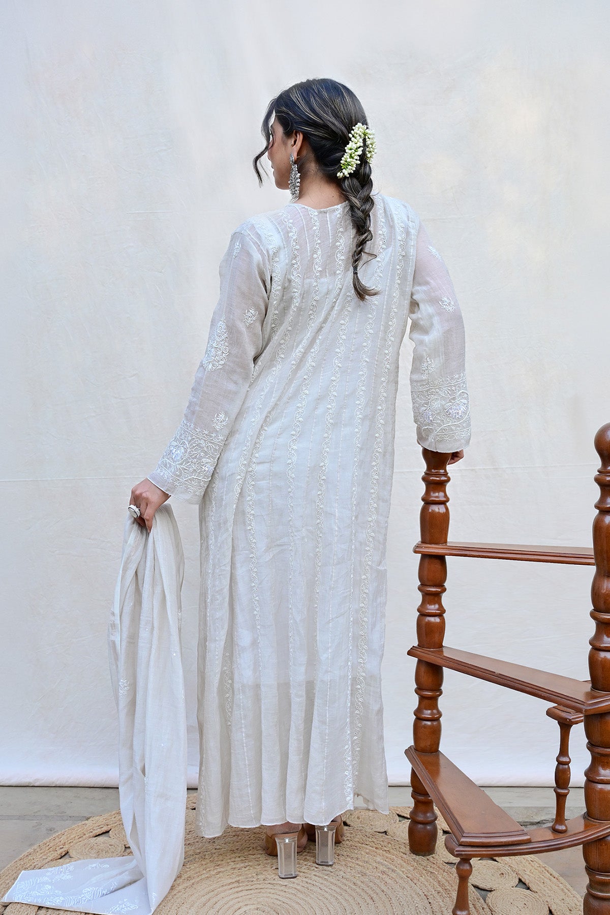 Ash White Tissue Chanderi Chikankari Anarkali