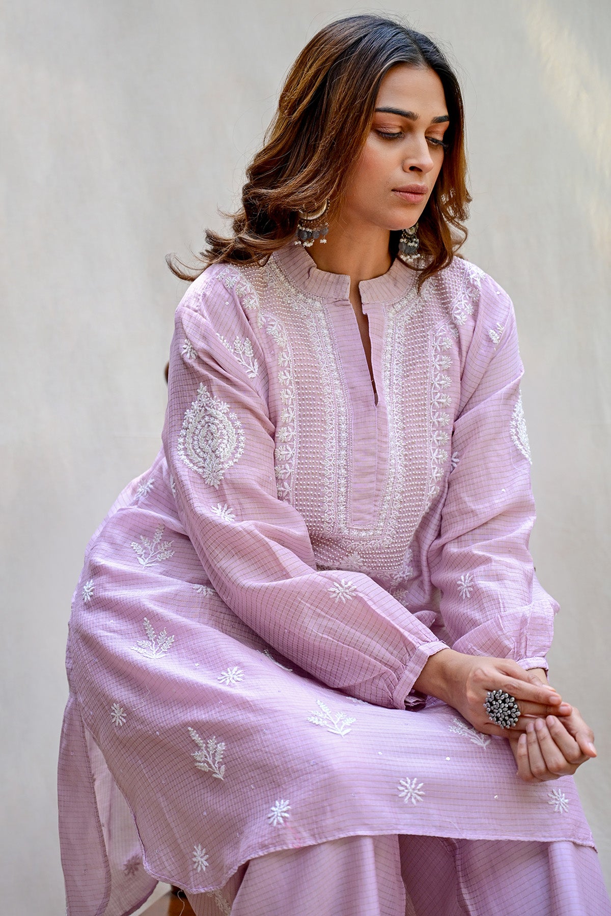 Light Lavender Chanderi Tissue Chikankari Co-ord Set