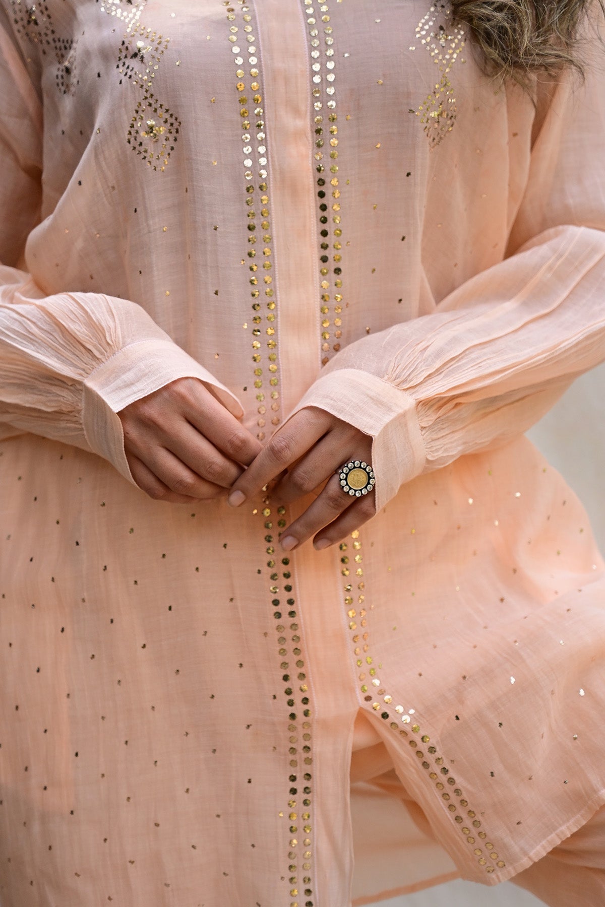 Light Peach Mul Chanderi Co-ord Set