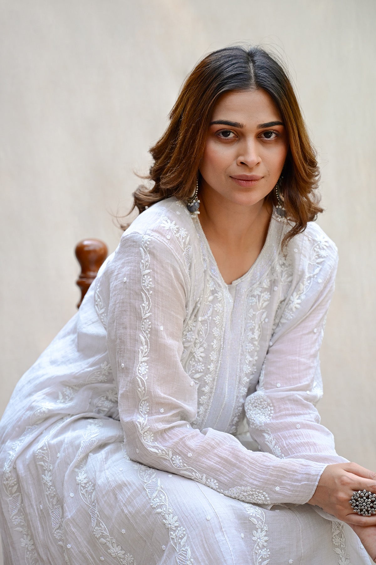 Ash White Tissue Chanderi Chikankari Co-ord Set